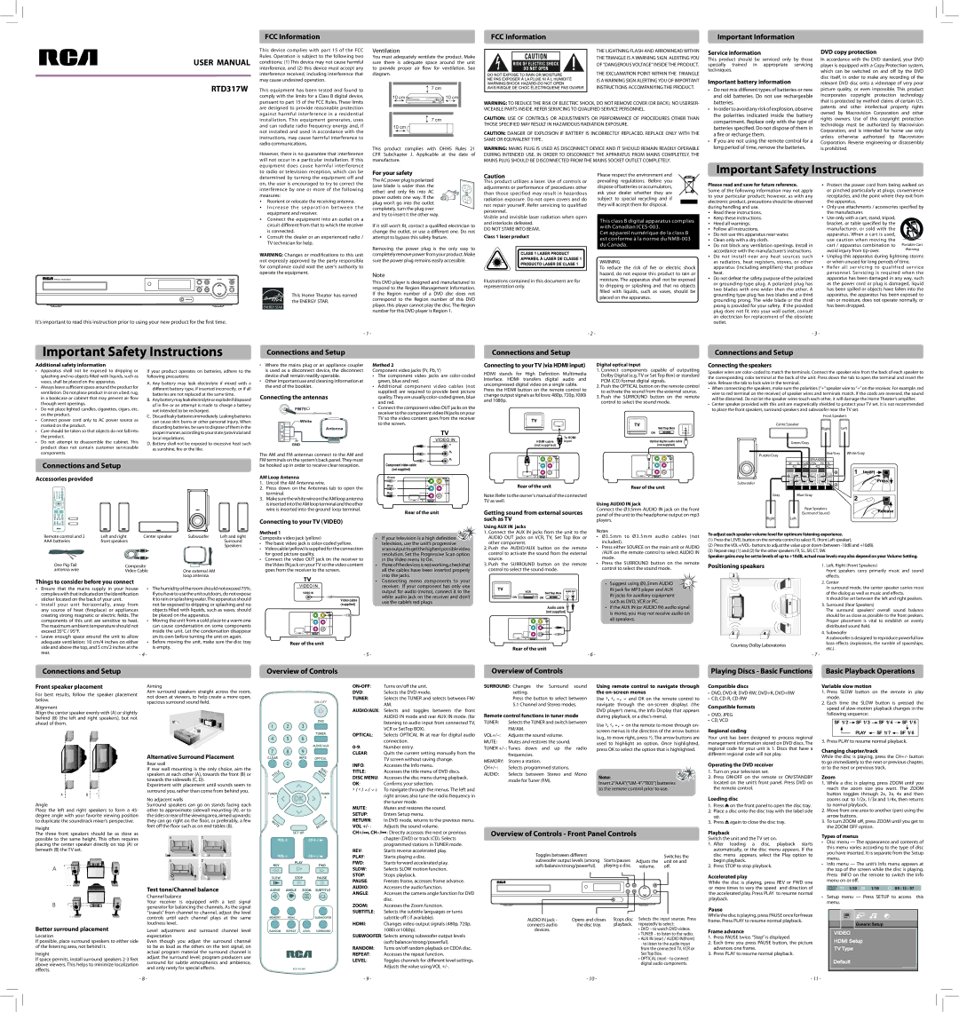 RCA RTD317W user manual Service information, Important battery information, DVD copy protection, For your safety 