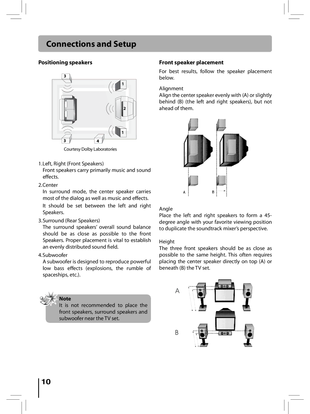 RCA RTD396 user manual Positioning speakers, Front speaker placement 