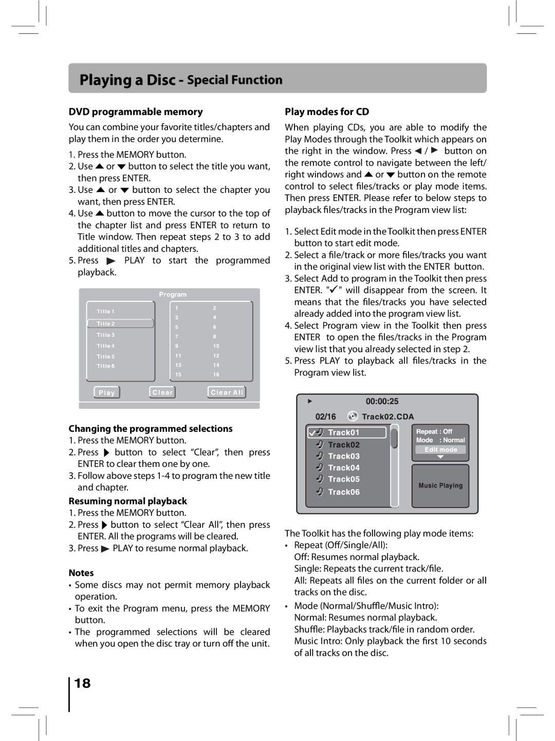 RCA RTD396 DVD programmable memory, Play modes for CD, Changing the programmed selections, Resuming normal playback 