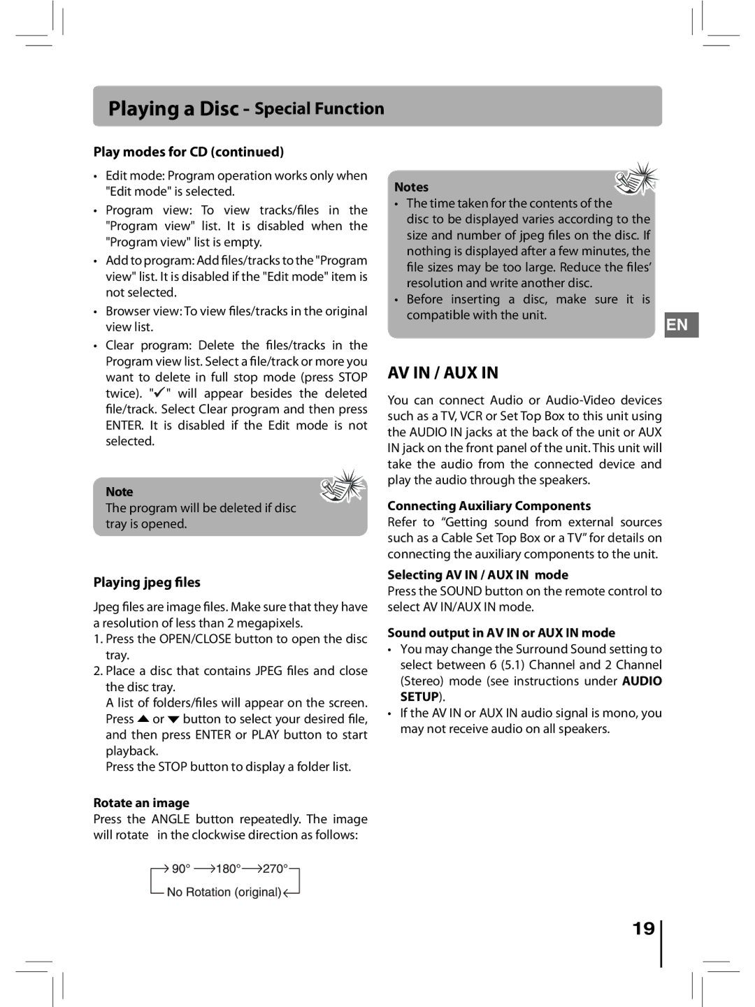 RCA RTD396 user manual Playing jpeg files, Rotate an image, Connecting Auxiliary Components, Selecting AV in / AUX in mode 