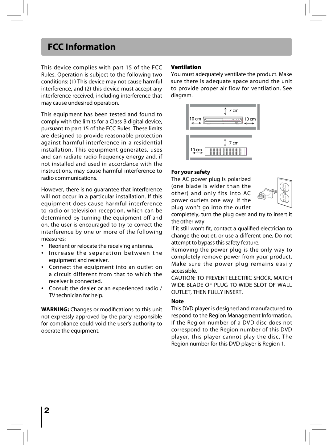 RCA RTD396 user manual FCC Information, Ventilation, For your safety 