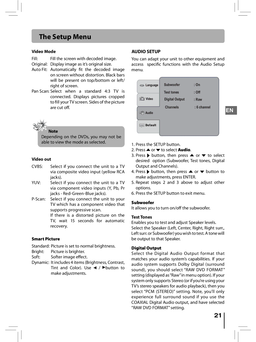 RCA RTD396 user manual Video Mode, Video out, Smart Picture, Subwoofer, Test Tones, Digital Output 