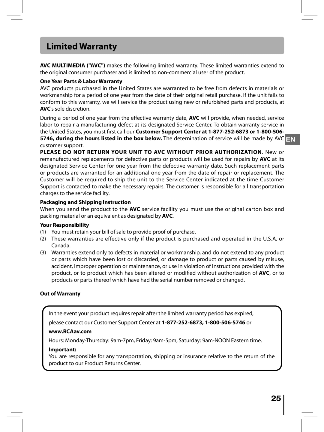 RCA RTD396 user manual Limited Warranty, One Year Parts & Labor Warranty, Your Responsibility, Out of Warranty 