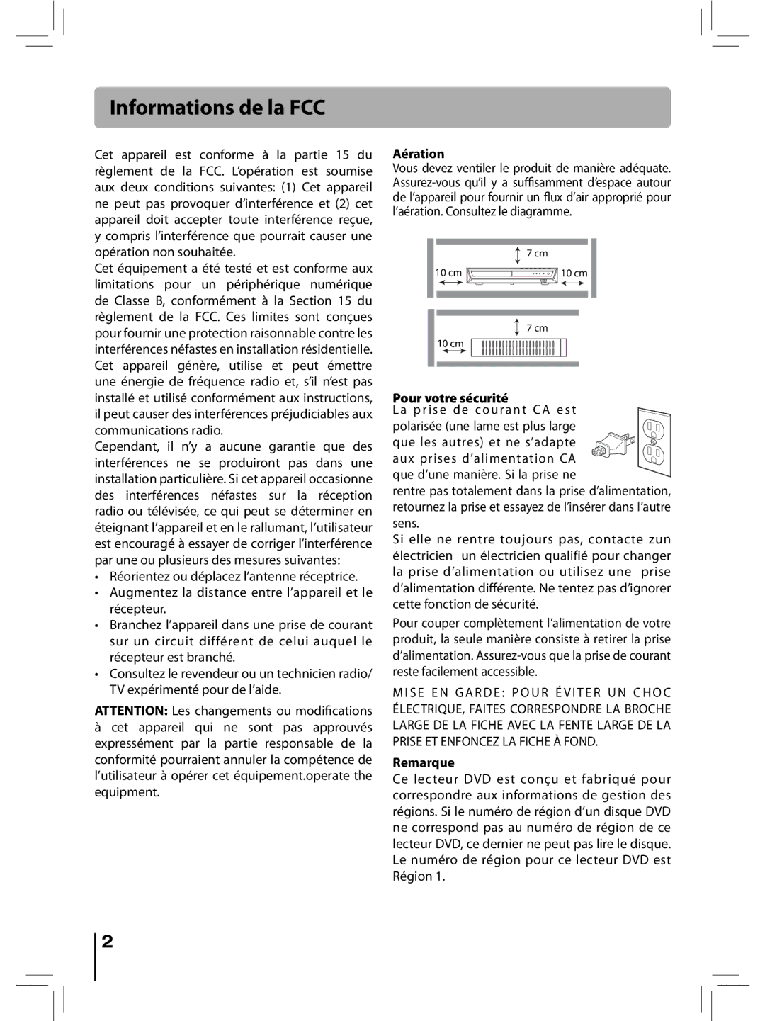 RCA RTD396 user manual Informations de la FCC, Aération, Pour votre sécurité, Remarque 