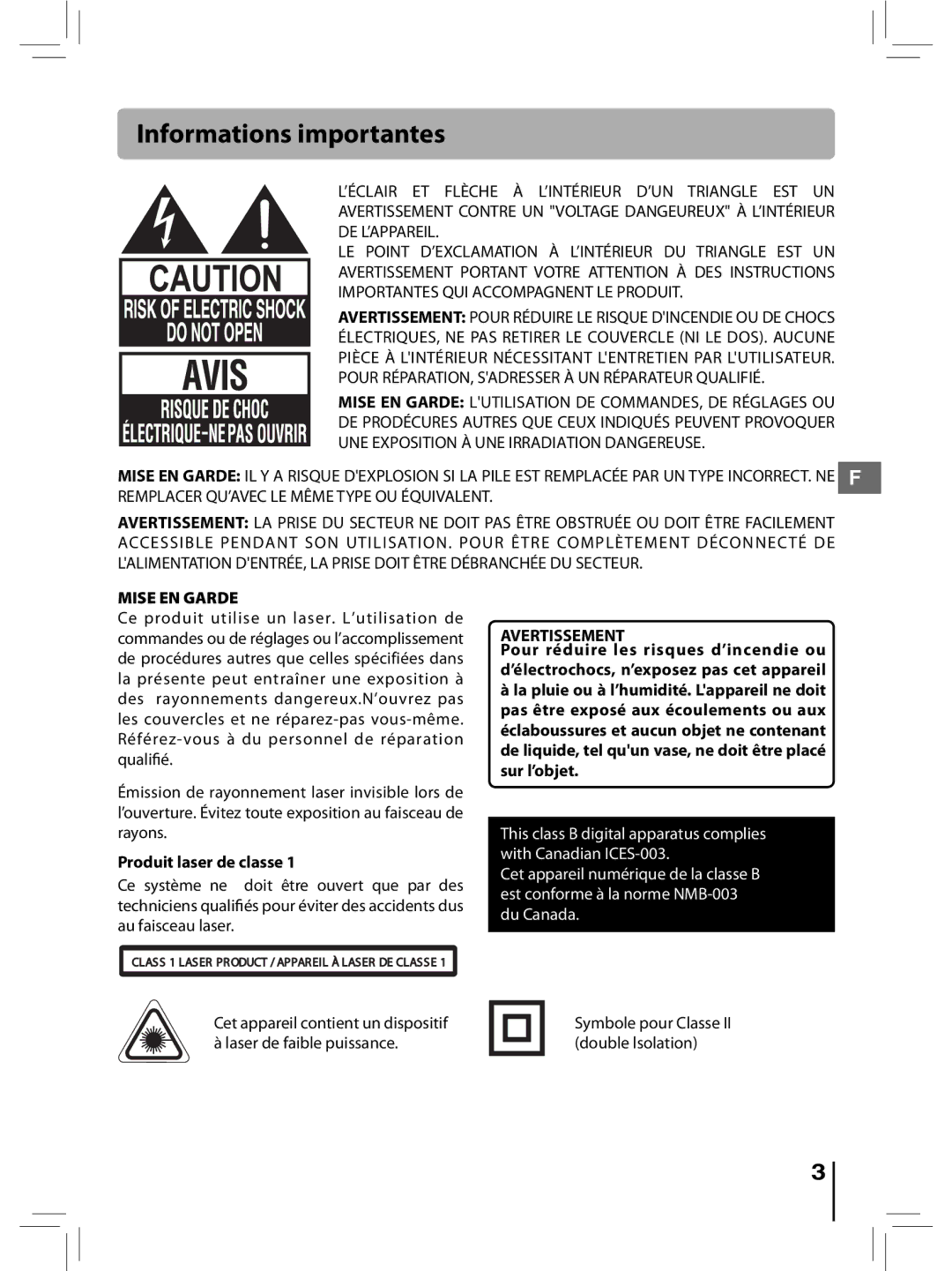 RCA RTD396 user manual Informations importantes, Mise EN Garde, Produit laser de classe, Avertissement 