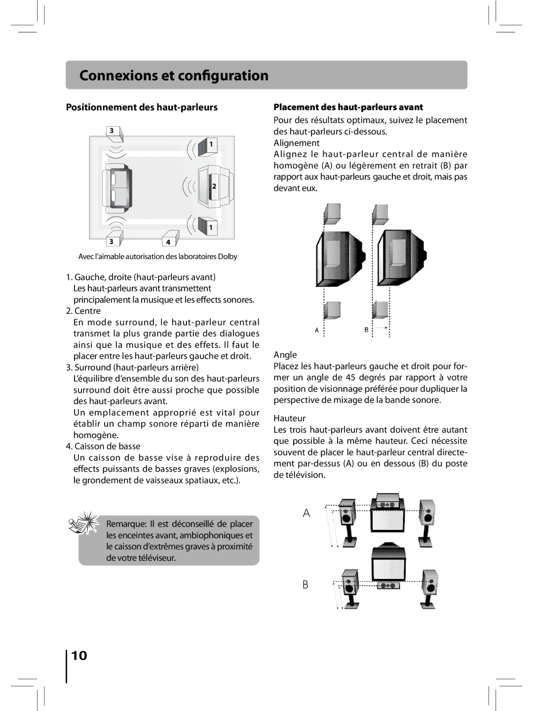 RCA RTD396 Positionnement des haut-parleurs, Centre, Surround haut-parleurs arrière, Placement des haut-parleurs avant 