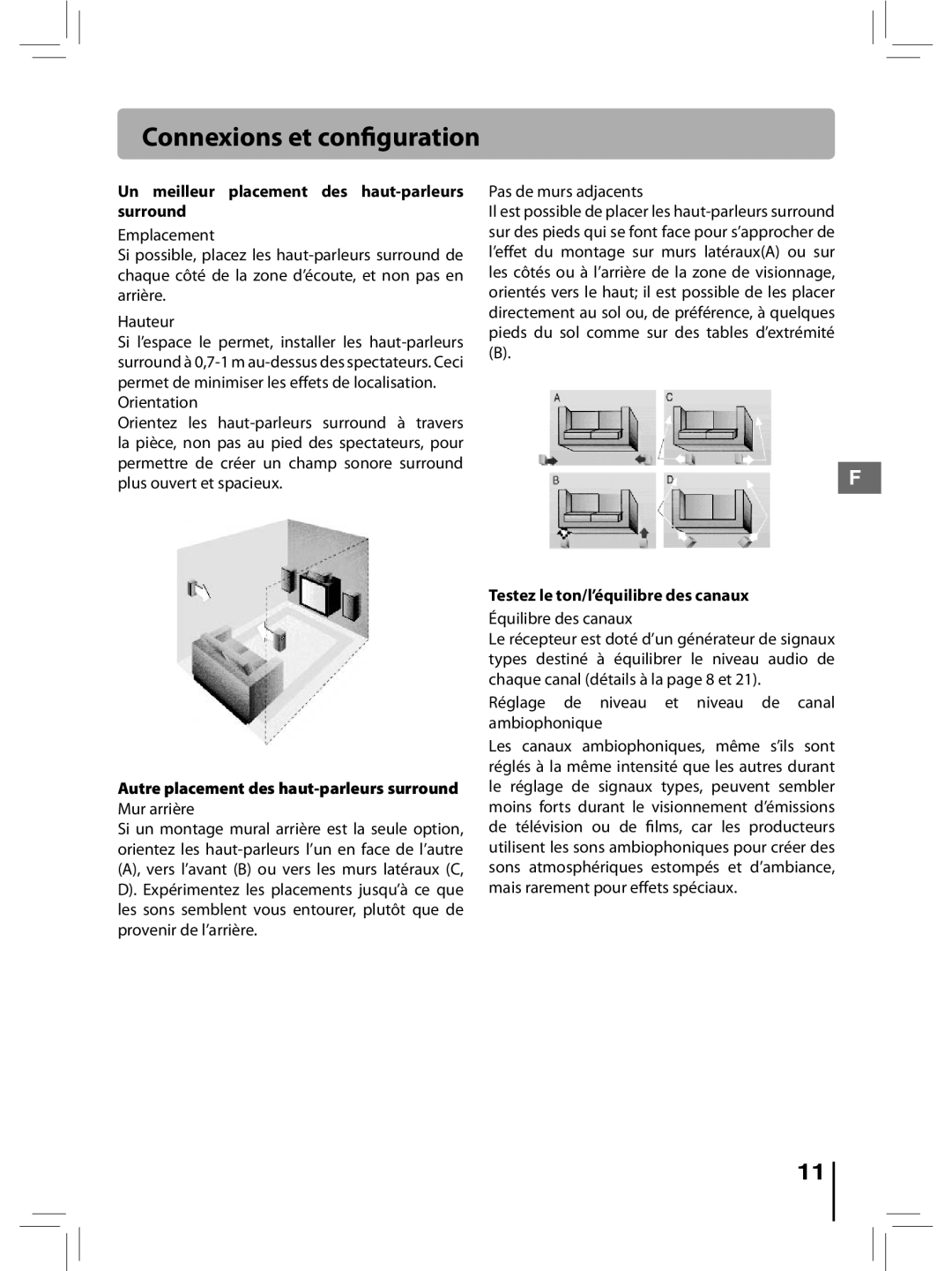 RCA RTD396 Un meilleur placement des haut-parleurs surround, Autre placement des haut-parleurs surround Mur arrière 