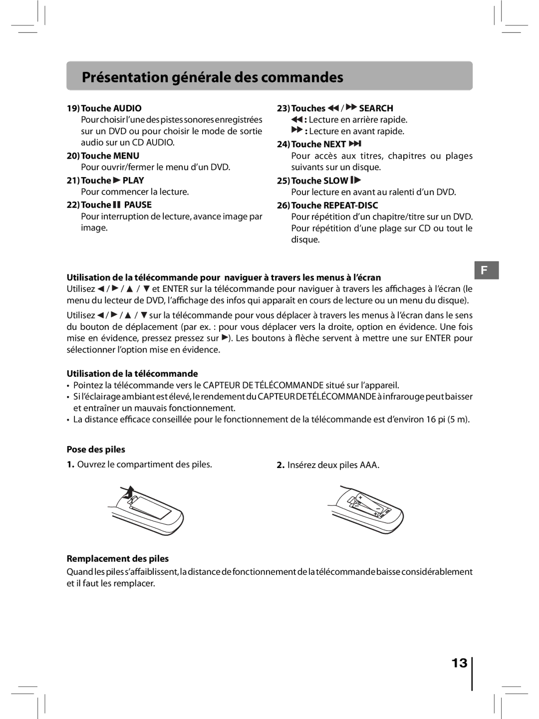 RCA RTD396 user manual Touche Audio, Touche Menu, Touche Play, Touche Pause, Touches / Search, Touche Next, Touche Slow 