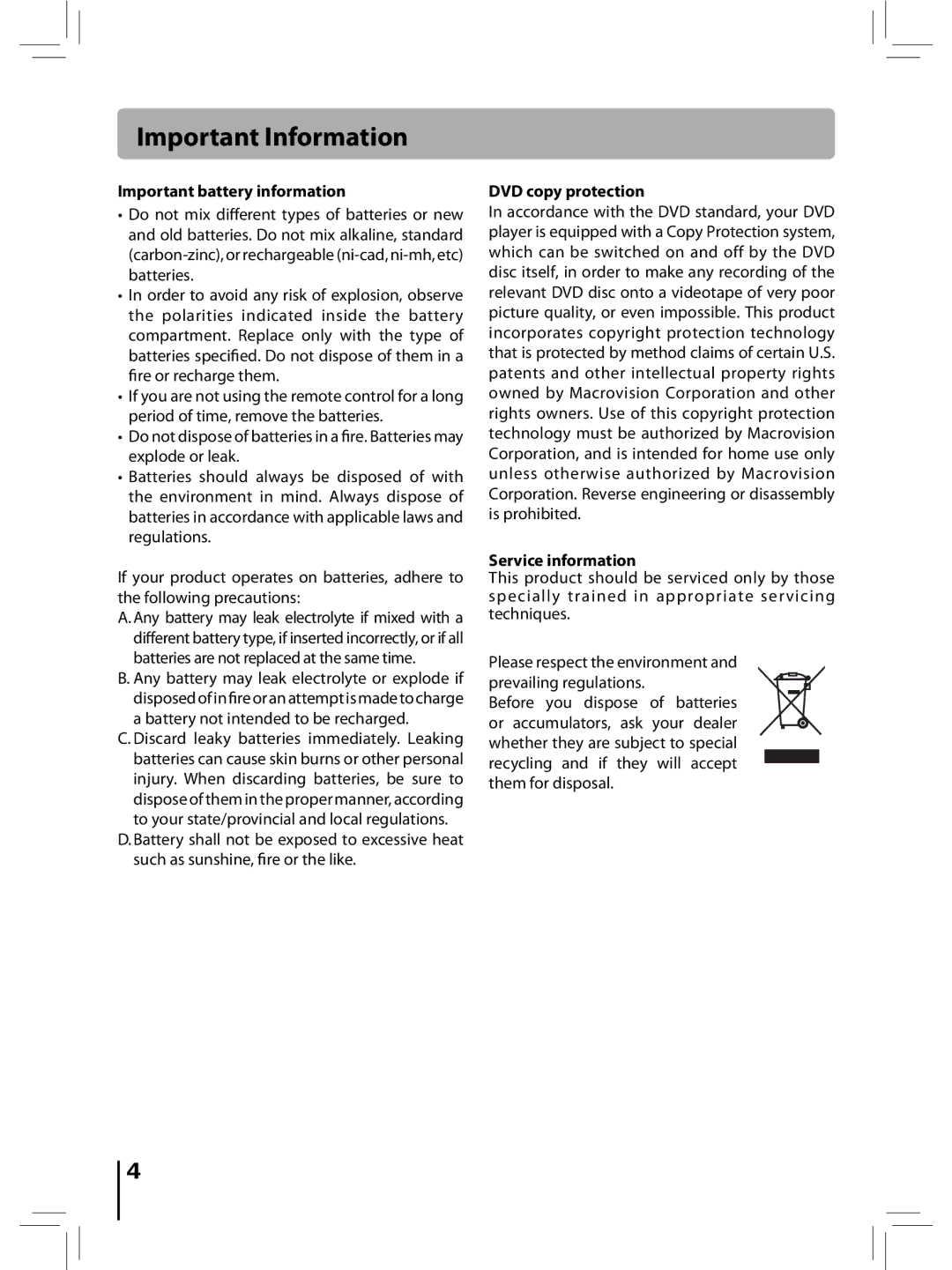 RCA RTD396 user manual Important battery information, DVD copy protection, Service information 