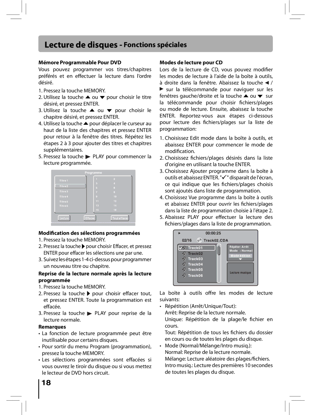 RCA RTD396 user manual Mémore Programmable Pour DVD, Modification des sélections programmées, Modes de lecture pour CD 