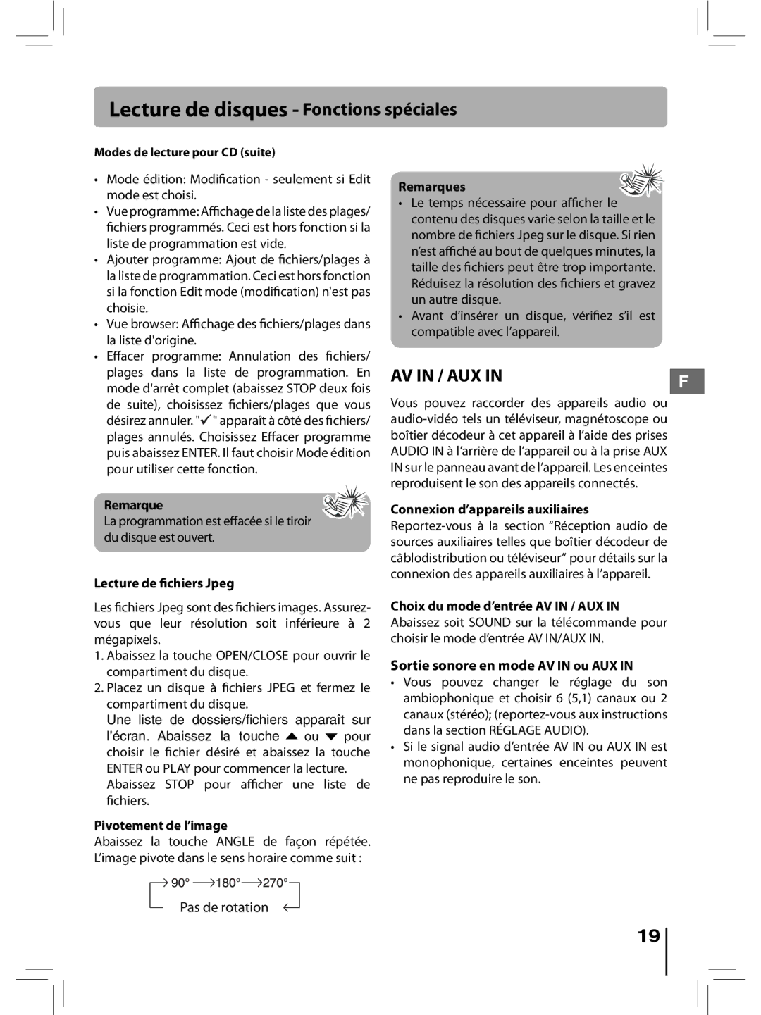 RCA RTD396 user manual Sortie sonore en mode AV in ou AUX, Mode édition Modification seulement si Edit mode est choisi 