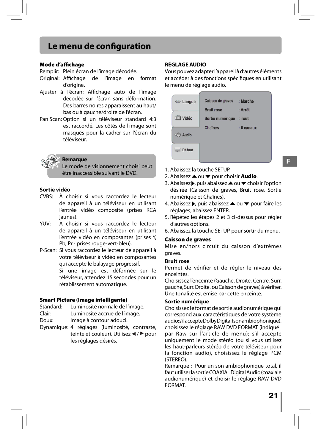 RCA RTD396 user manual Réglage Audio 