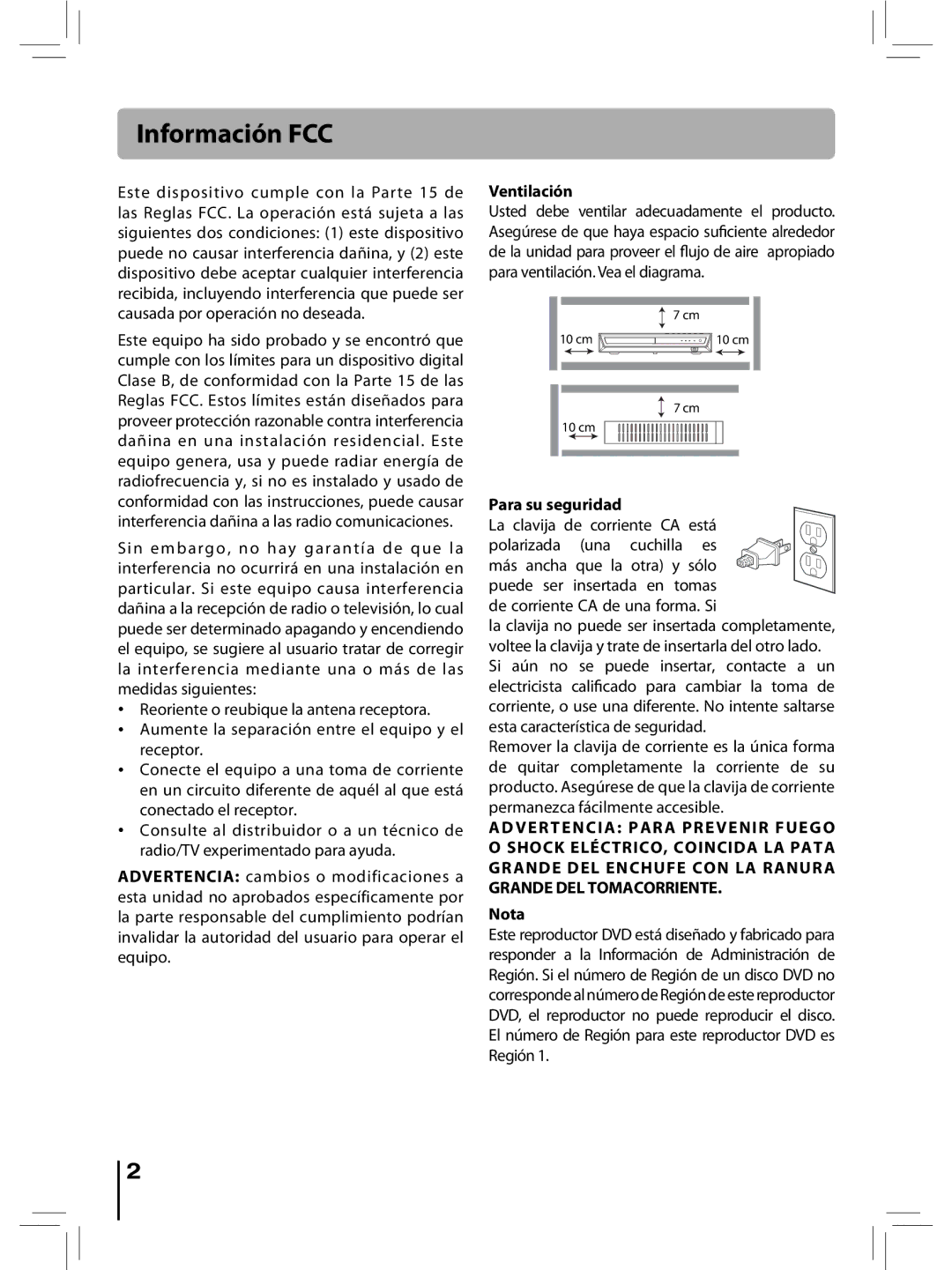 RCA RTD396 user manual Información FCC, Ventilación, Para su seguridad, Nota 