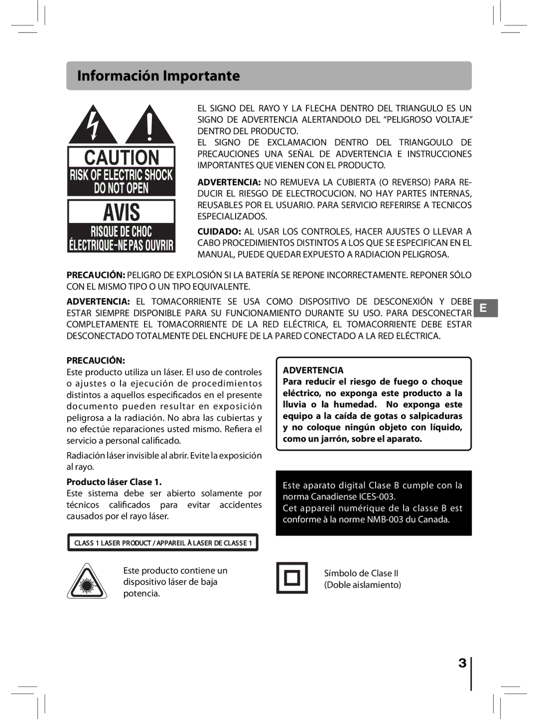 RCA RTD396 user manual Información Importante, Precaución, Producto láser Clase, Advertencia 