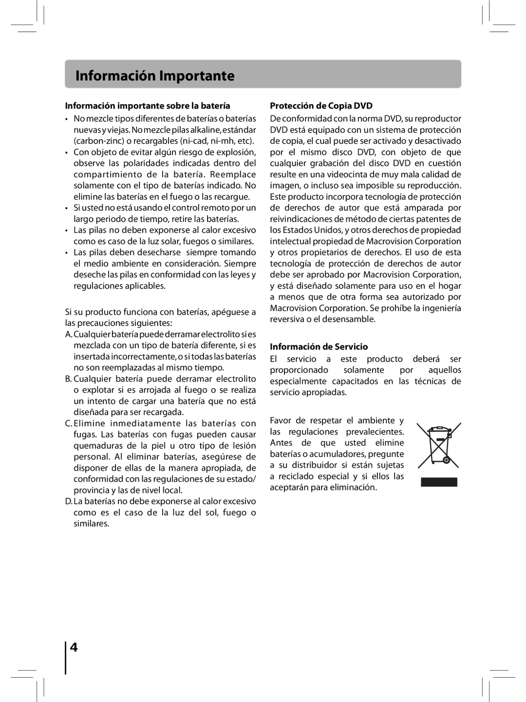 RCA RTD396 user manual Información importante sobre la batería, Protección de Copia DVD, Información de Servicio 