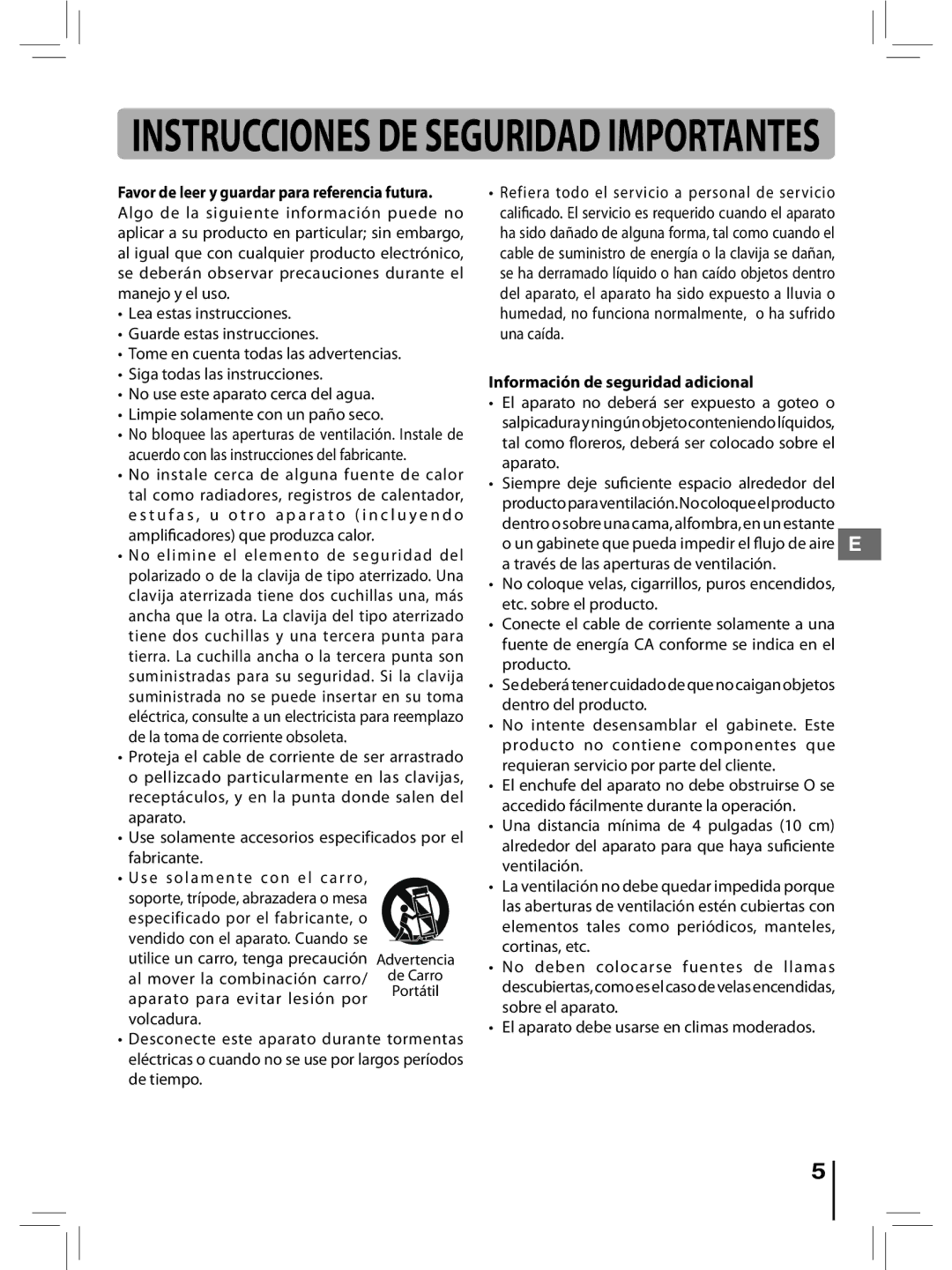 RCA RTD396 user manual Información de seguridad adicional, El aparato debe usarse en climas moderados 