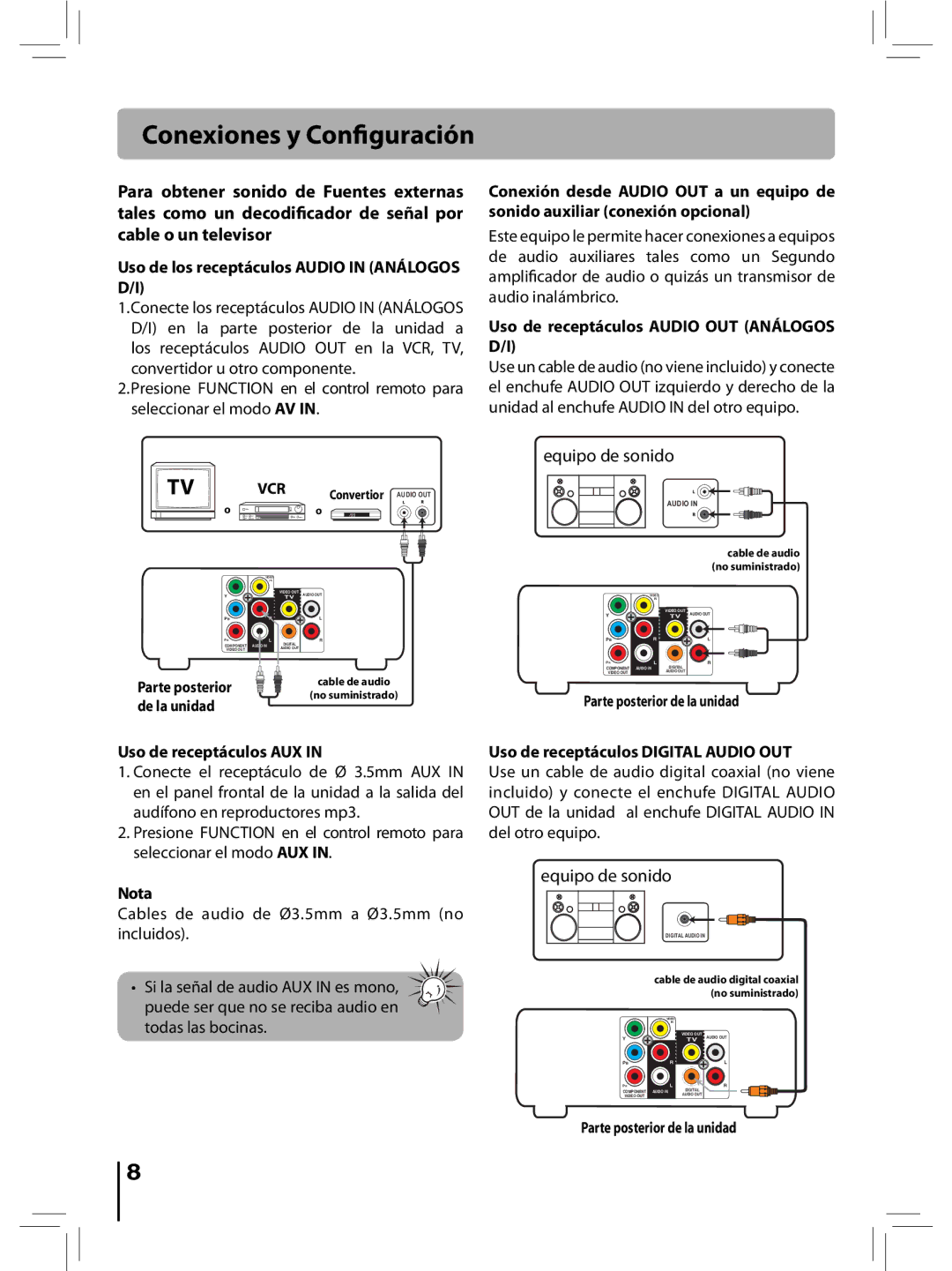 RCA RTD396 Uso de receptáculos Audio OUT Análogos D/I, Uso de receptáculos AUX, Uso de receptáculos Digital Audio OUT 