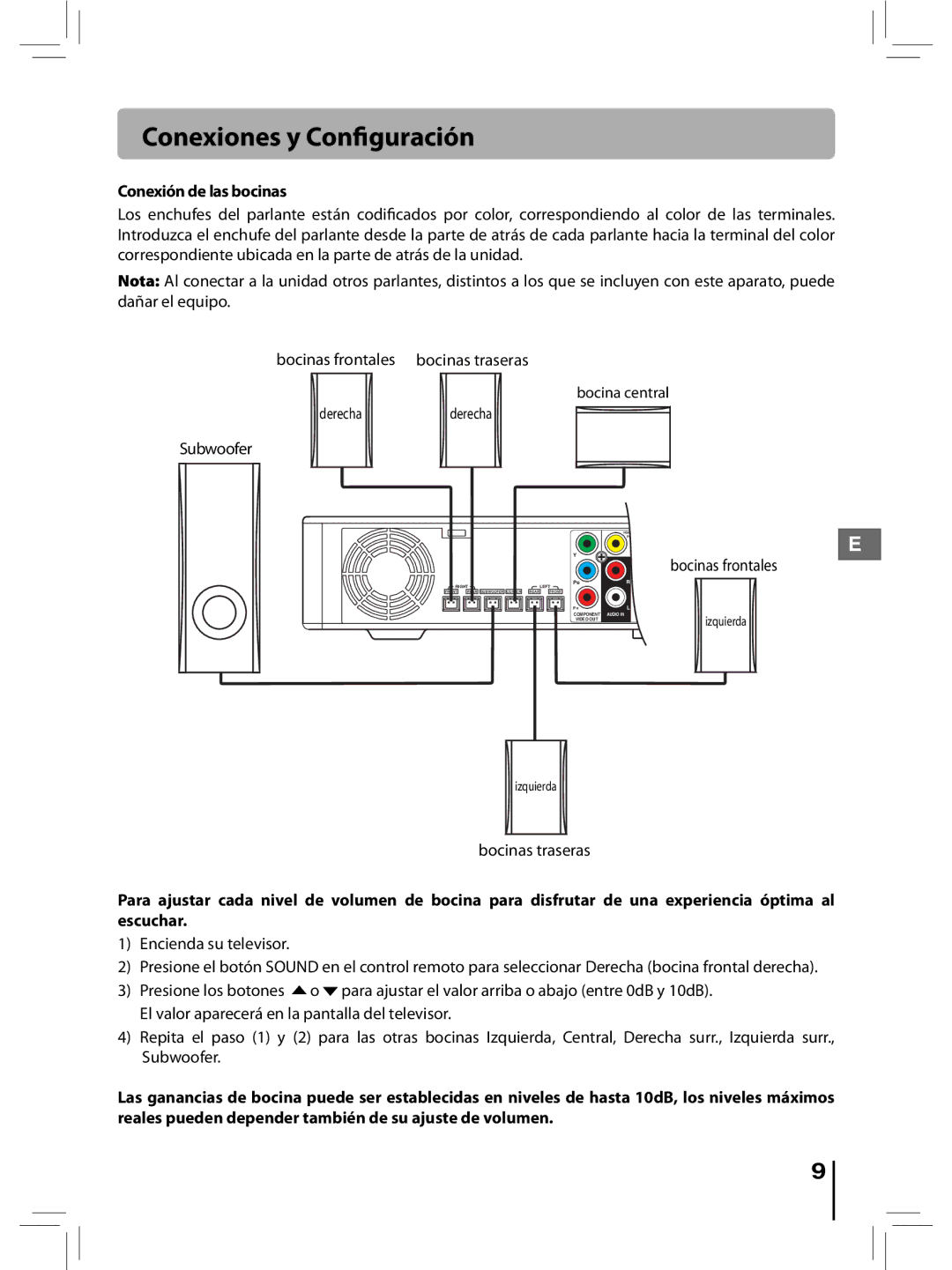 RCA RTD396 user manual Conexión de las bocinas, Subwoofer, Bocinas frontales, Bocinas traseras 