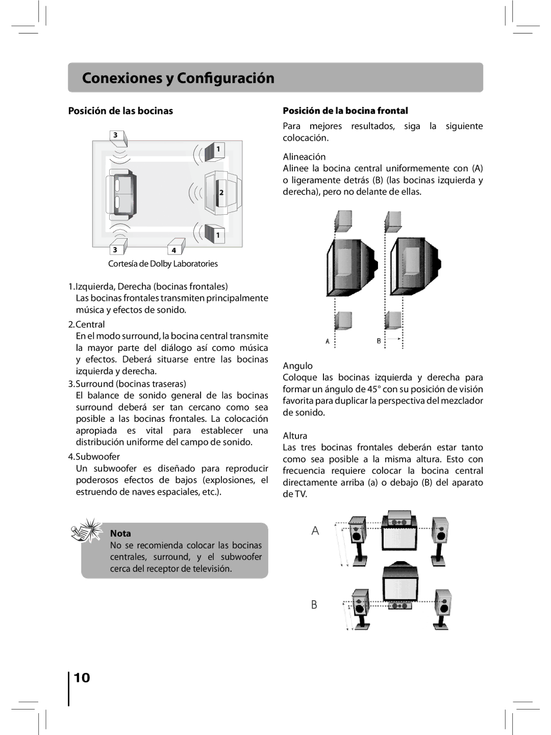 RCA RTD396 user manual Posición de las bocinas, Izquierda, Derecha bocinas frontales, Posición de la bocina frontal 