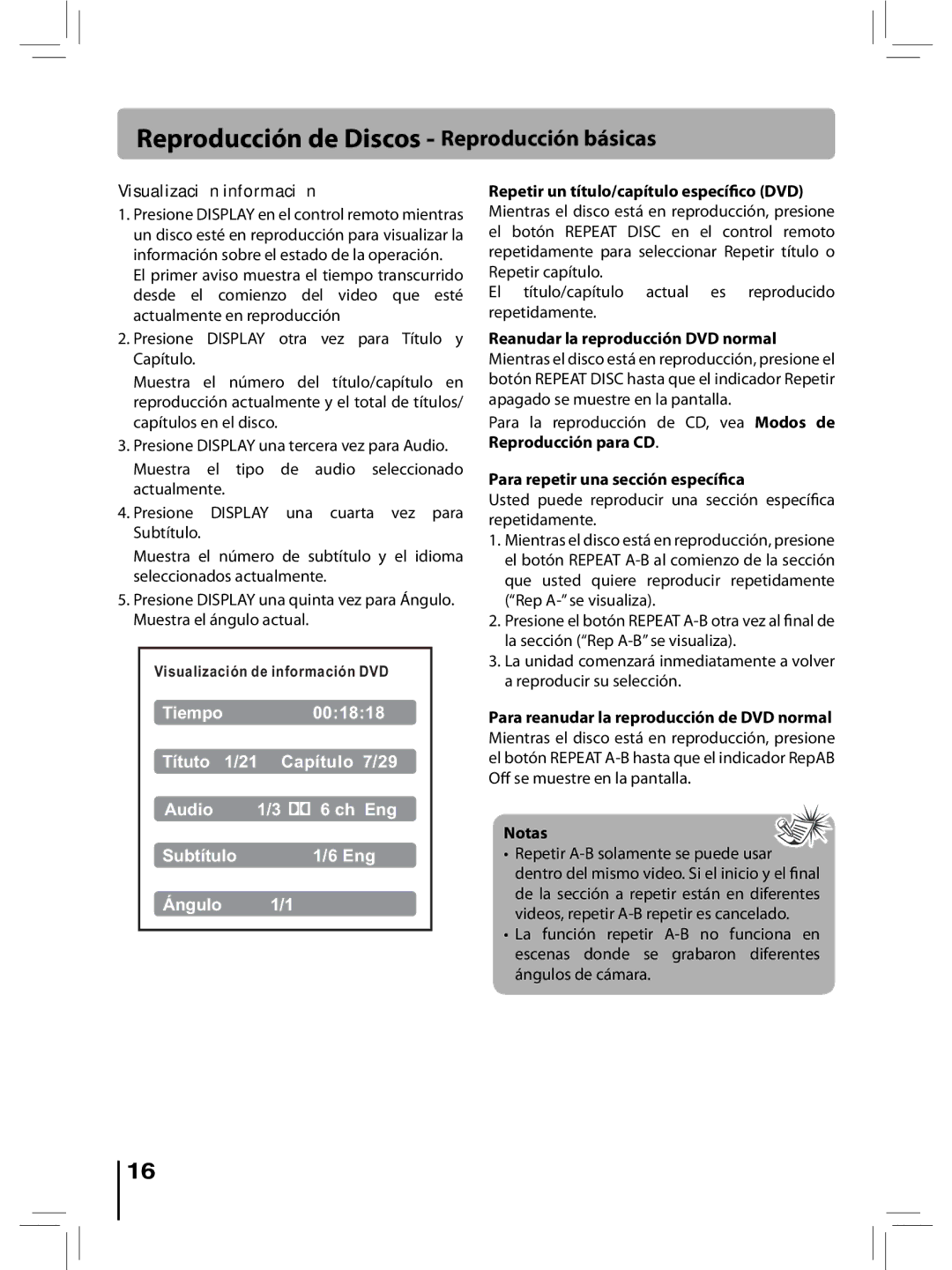 RCA RTD396 user manual Visualización información, El título/capítulo actual es reproducido repetidamente 