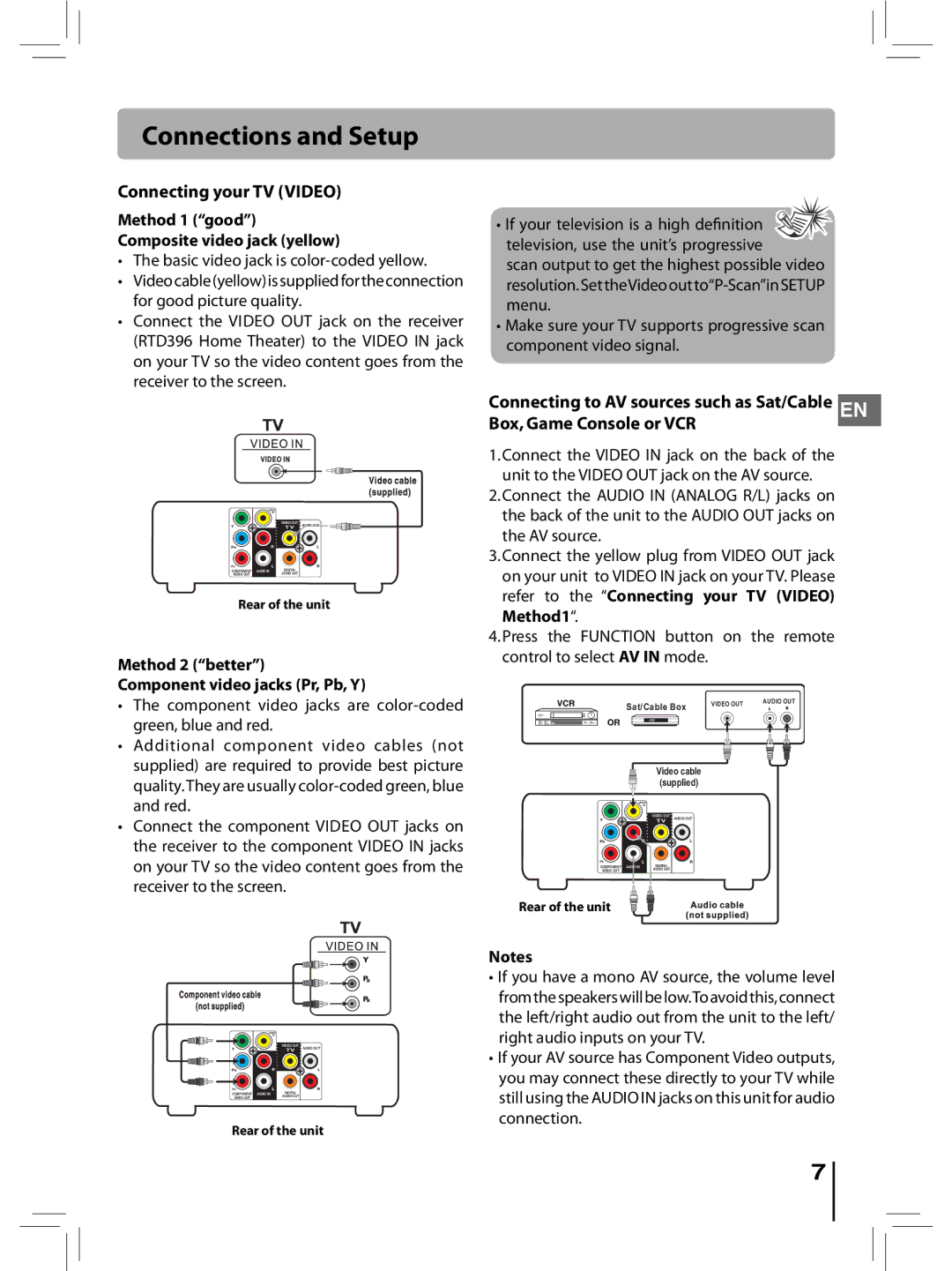 RCA RTD396 Connecting your TV Video, Method 1 good Composite video jack yellow, Basic video jack is color-coded yellow 