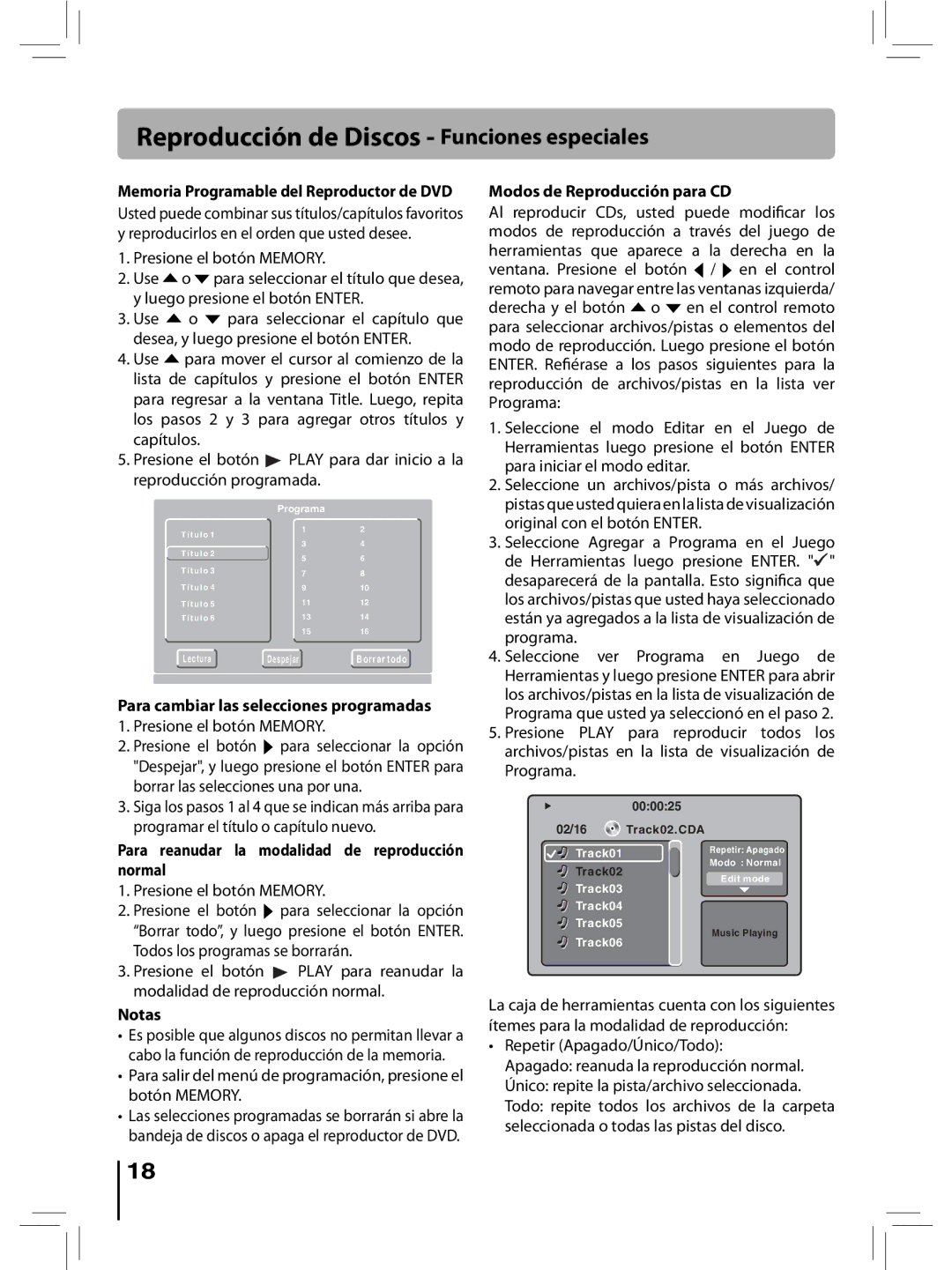 RCA RTD396 user manual Para cambiar las selecciones programadas, Presione el botón Memory, Modos de Reproducción para CD 