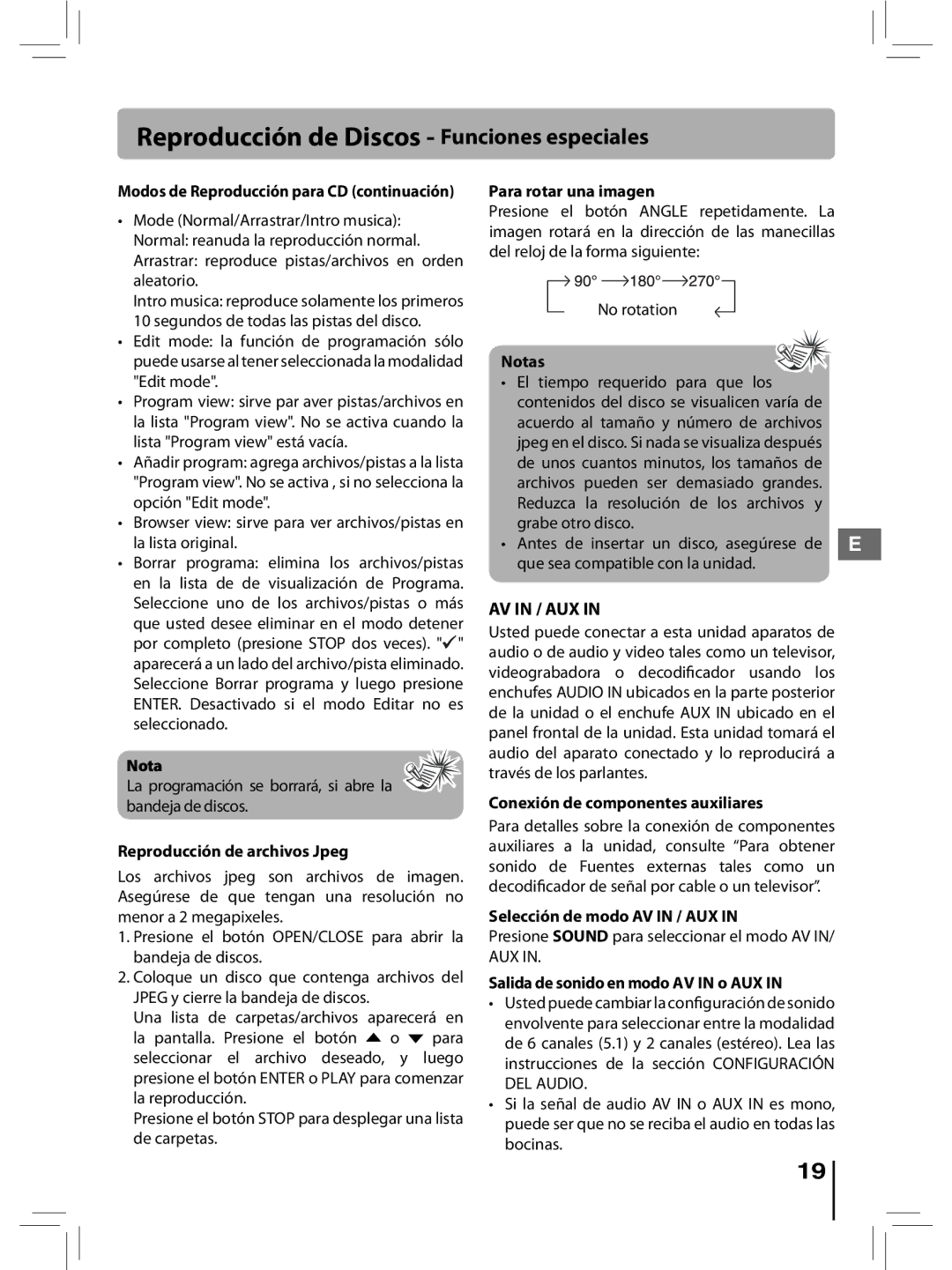 RCA RTD396 user manual Reproducción de archivos Jpeg, Para rotar una imagen, Conexión de componentes auxiliares 