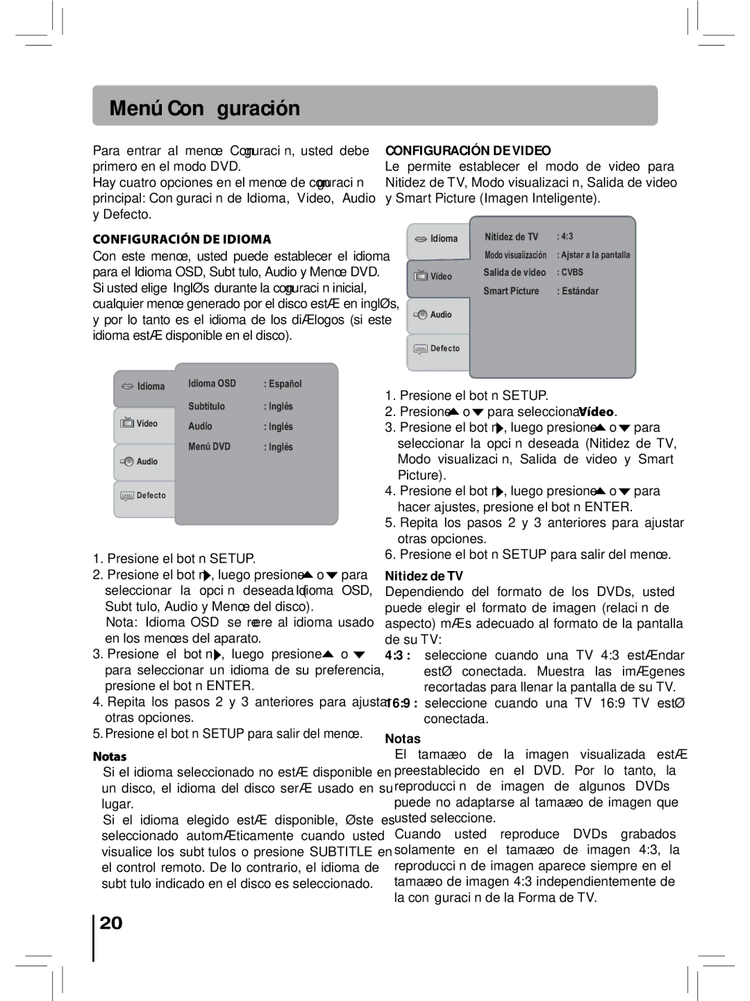 RCA RTD396 user manual Menú Configuración, Configuración DE Idioma, Configuración DE Video, Nitidez de TV 