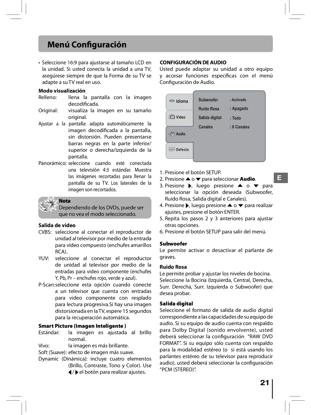 RCA RTD396 user manual Configuración DE Audio 