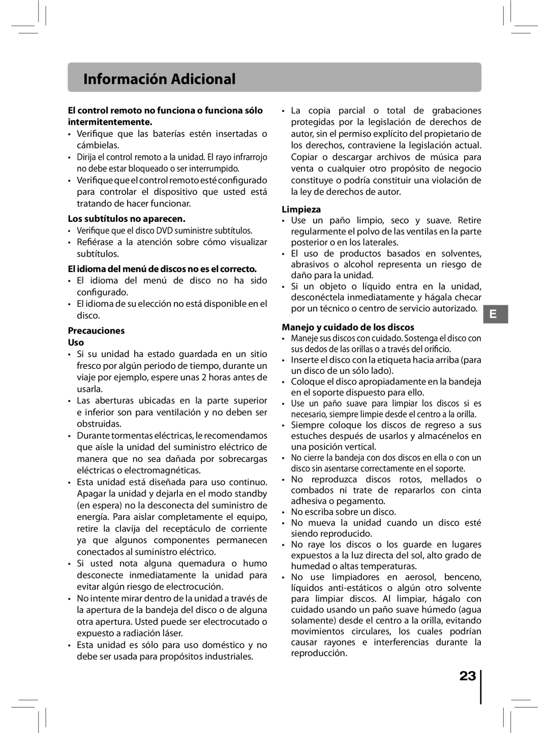 RCA RTD396 Información Adicional, Los subtítulos no aparecen, Precauciones Uso, Limpieza, Manejo y cuidado de los discos 