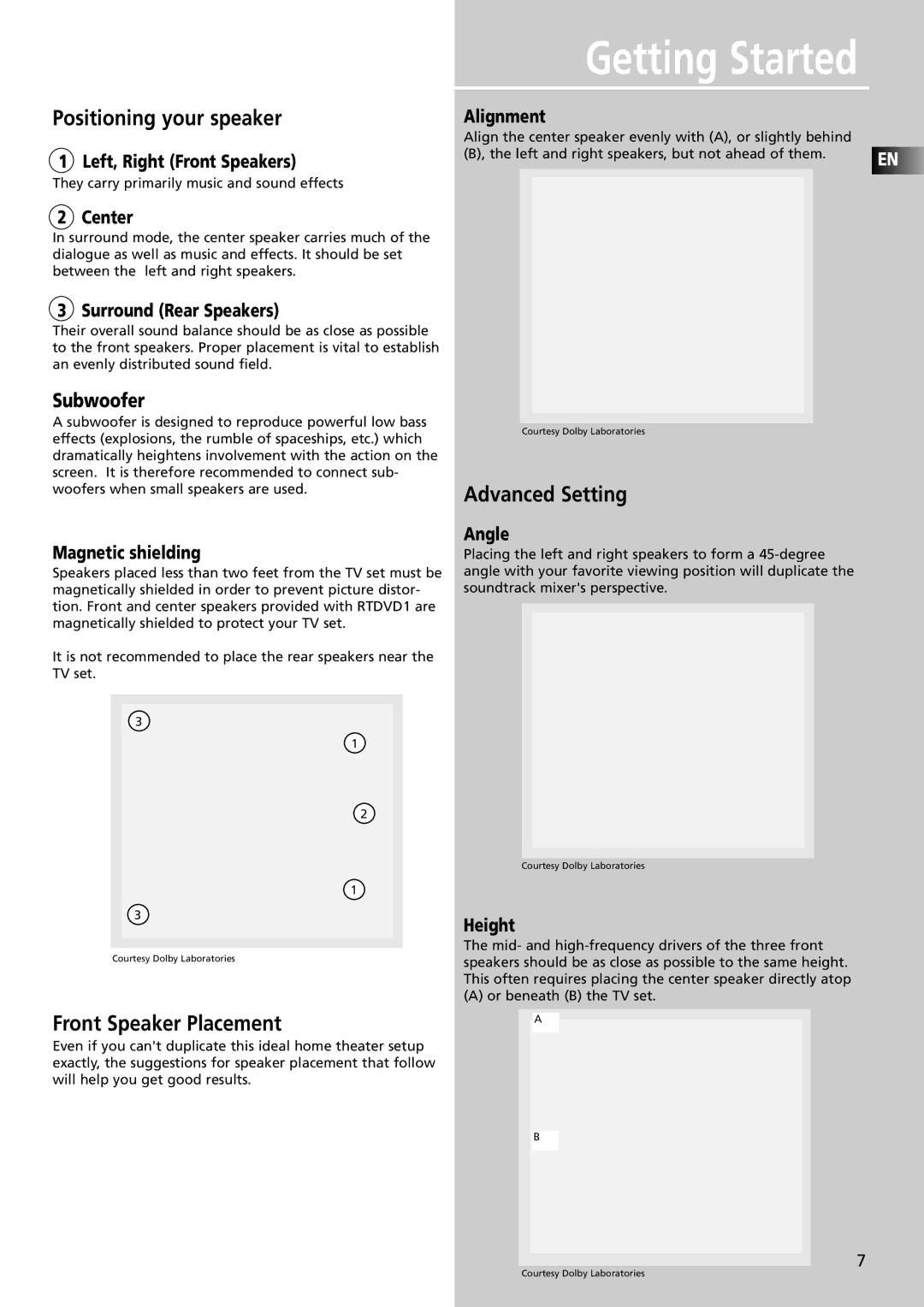 RCA RTDVD1 user manual Positioning your speaker, Advanced Setting, Front Speaker Placement 