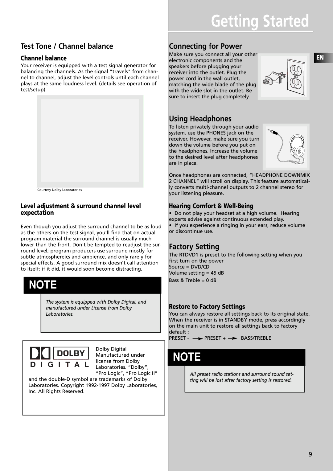 RCA RTDVD1 user manual Test Tone / Channel balance, Connecting for Power, Using Headphones, Factory Setting 