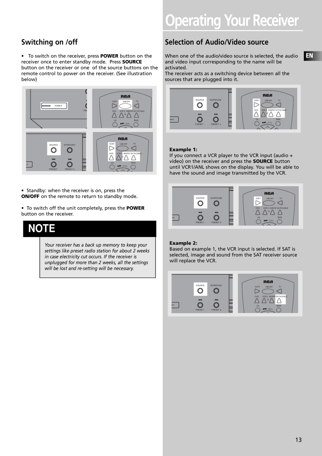 RCA RTDVD1 user manual Switching on /off, Selection of Audio/Video source, Example 