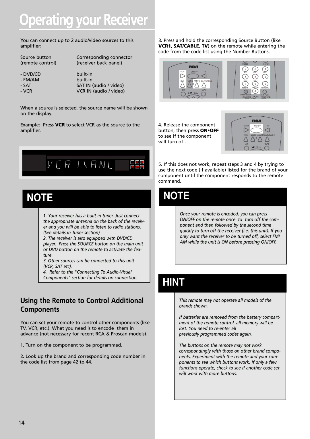 RCA RTDVD1 user manual Using the Remote to Control Additional Components, Vcr 