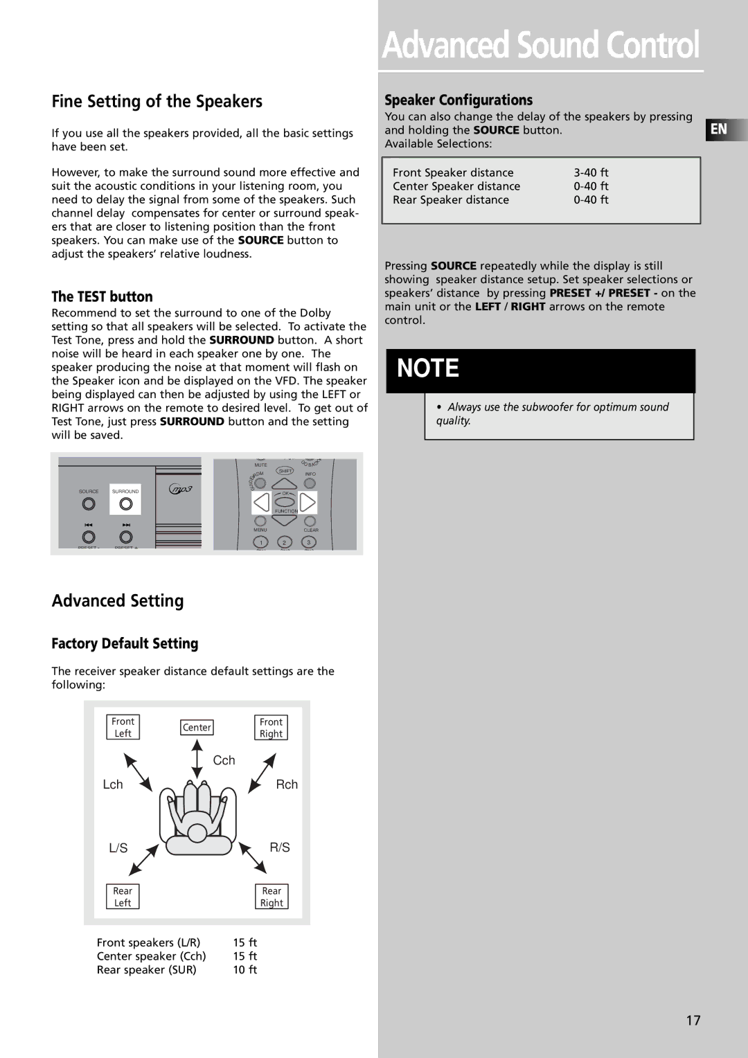 RCA RTDVD1 user manual Fine Setting of the Speakers, Test button, Speaker Configurations, Factory Default Setting 