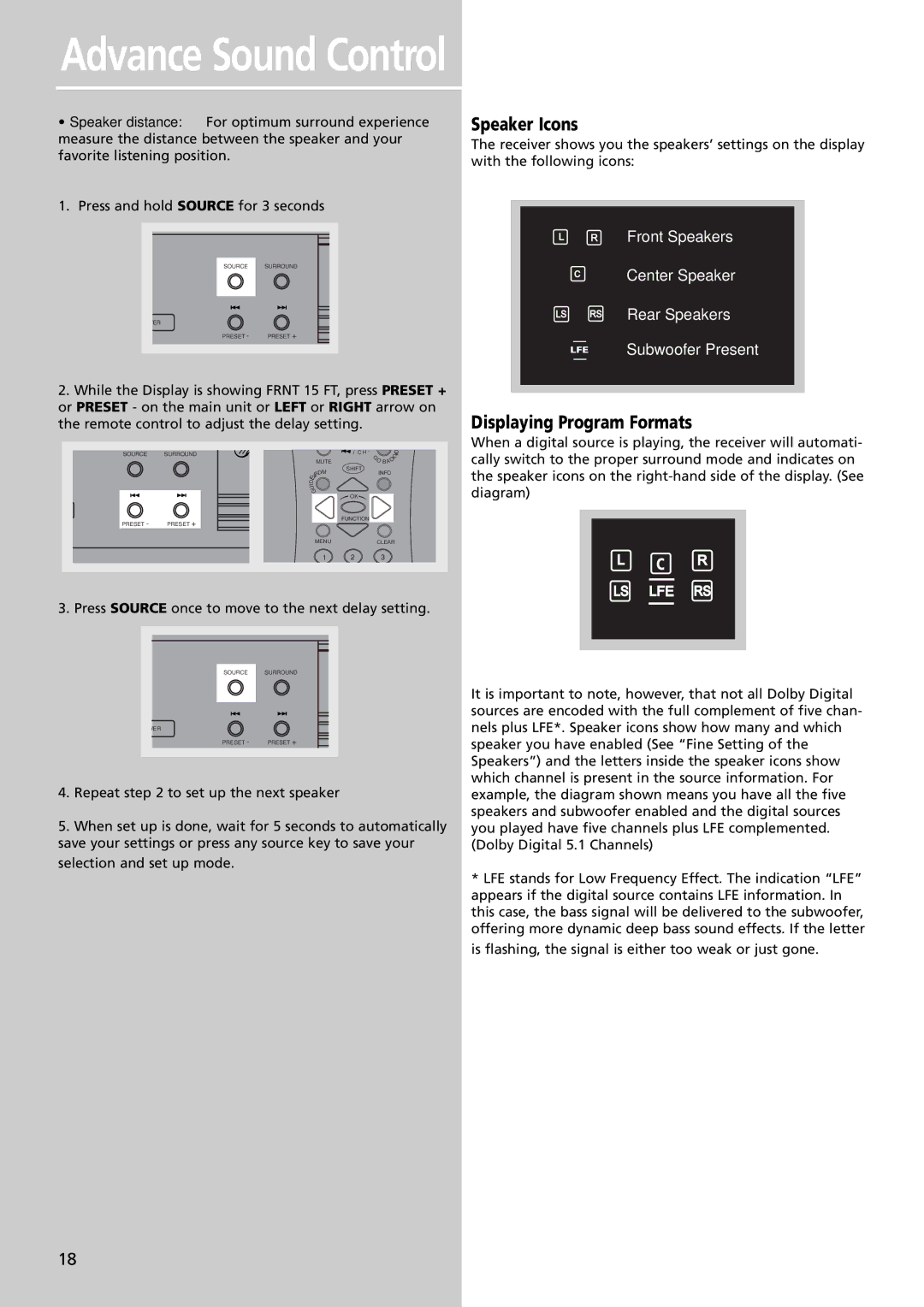 RCA RTDVD1 user manual Advance Sound Control, Speaker Icons, Displaying Program Formats 