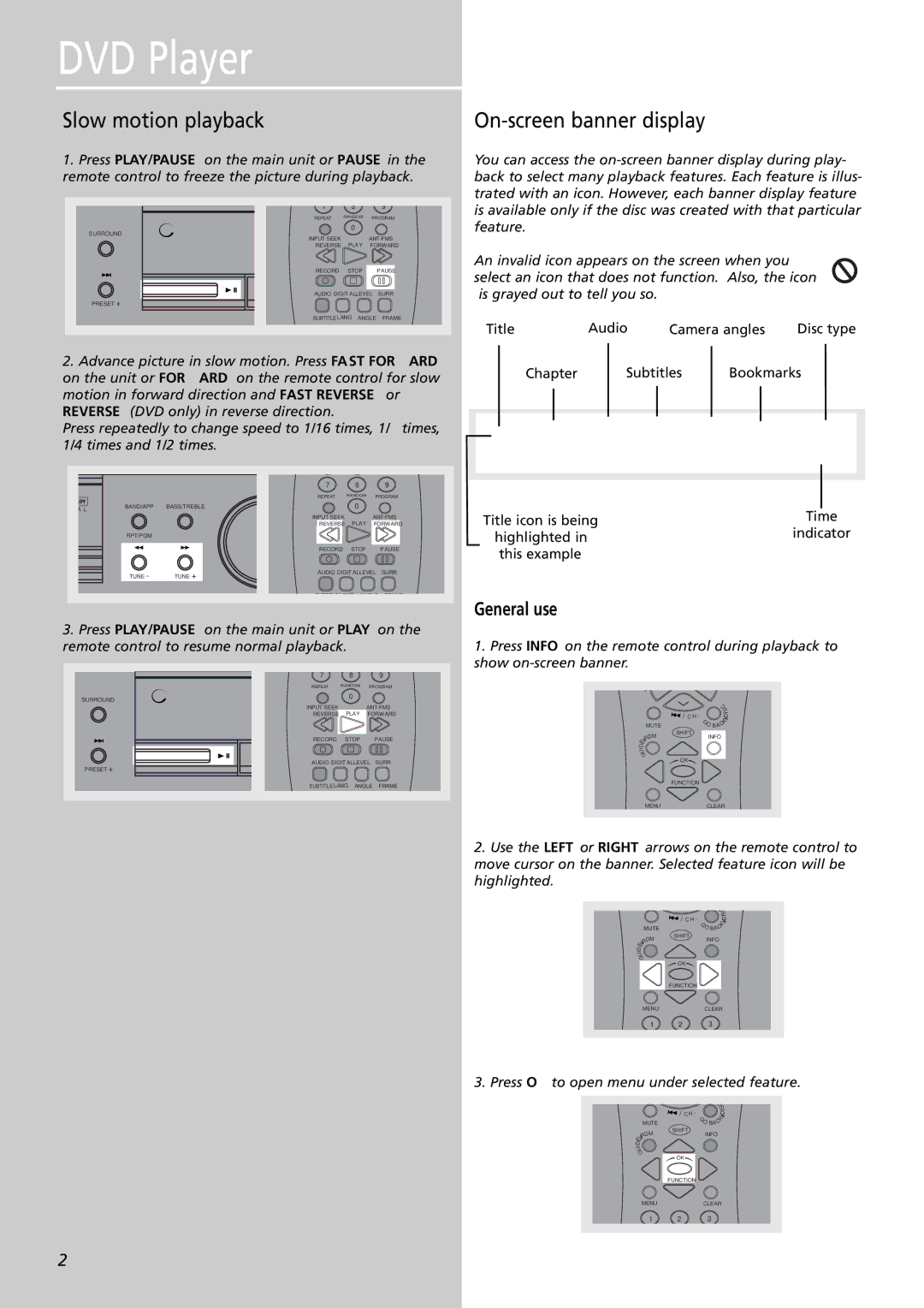 RCA RTDVD1 user manual Slow motion playback, On-screen banner display, General use 