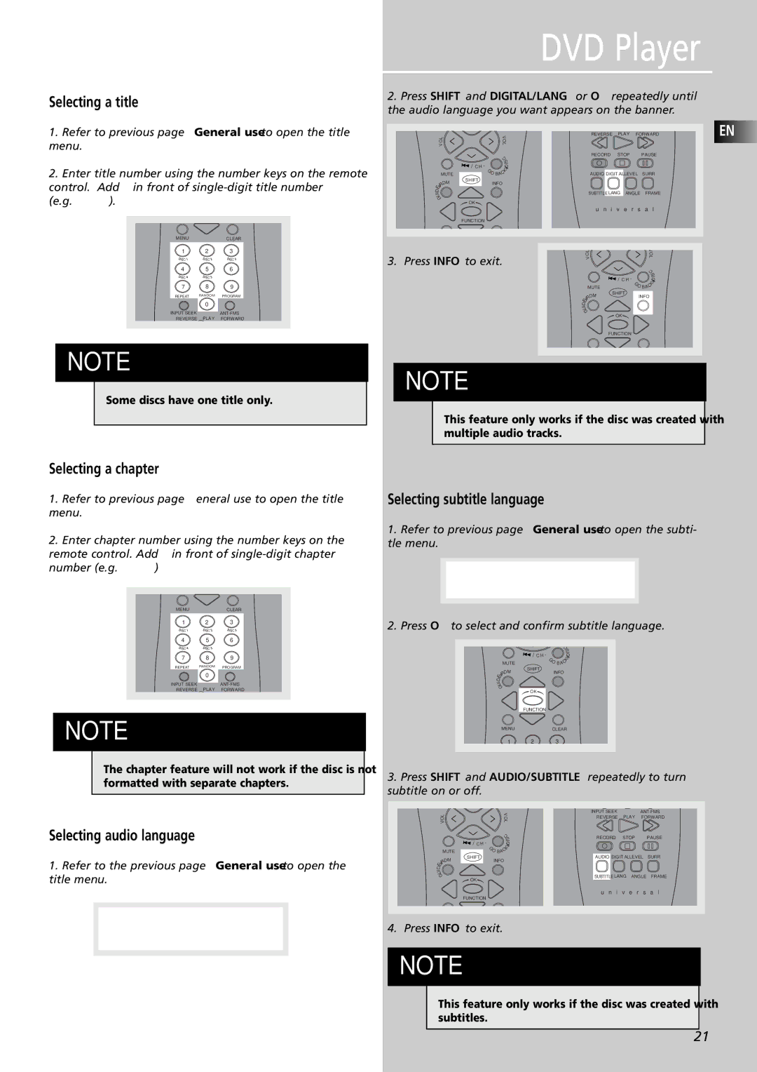 RCA RTDVD1 user manual Selecting a title, Selecting a chapter, Selecting subtitle language, Selecting audio language 