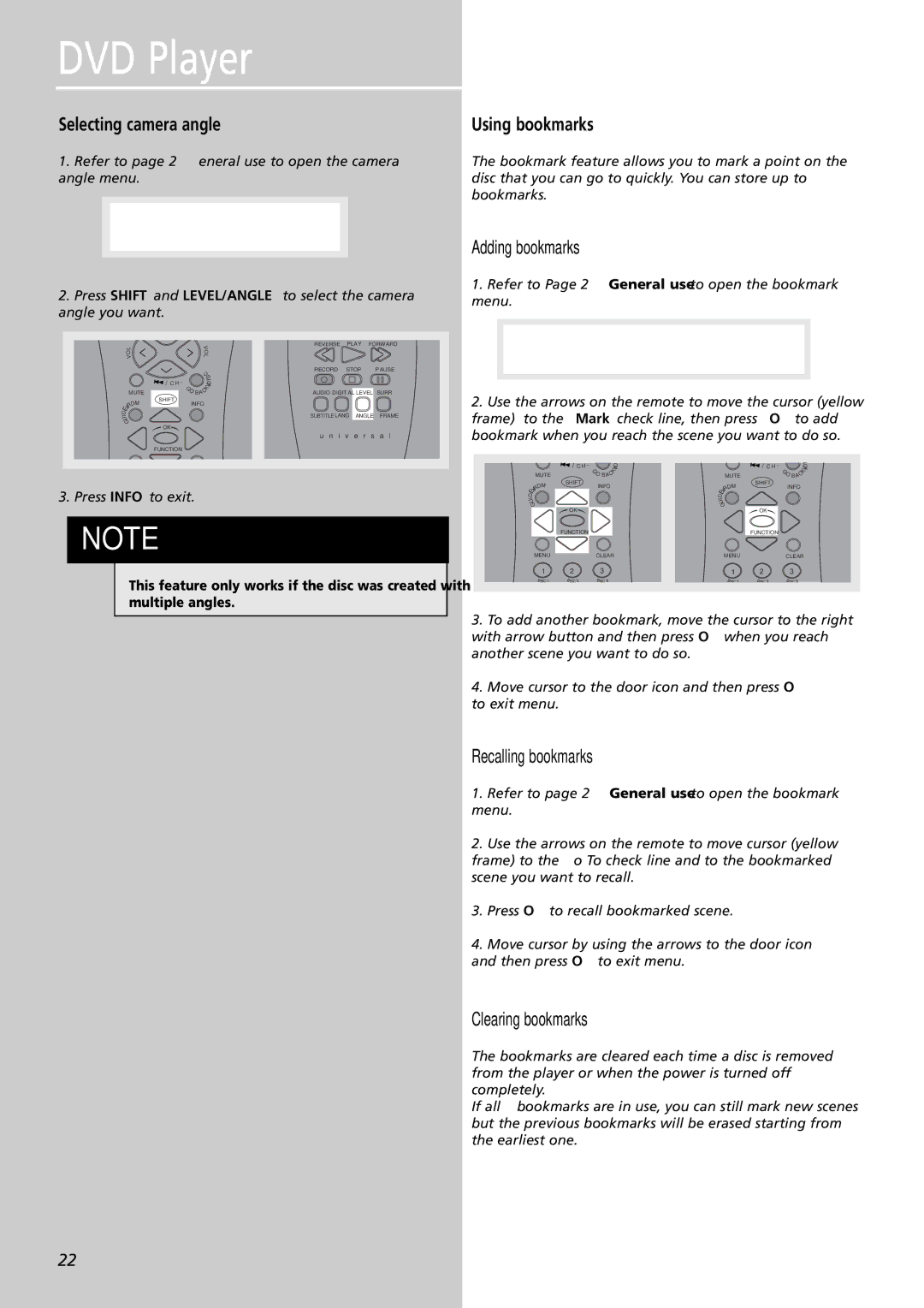 RCA RTDVD1 user manual Selecting camera angle, Using bookmarks, Adding bookmarks, Recalling bookmarks, Clearing bookmarks 