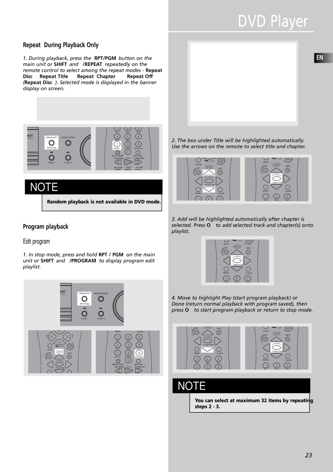 RCA RTDVD1 Repeat During Playback Only, Program playback, Edit program, Disc Repeat Title Repeat Chapter Repeat Off 