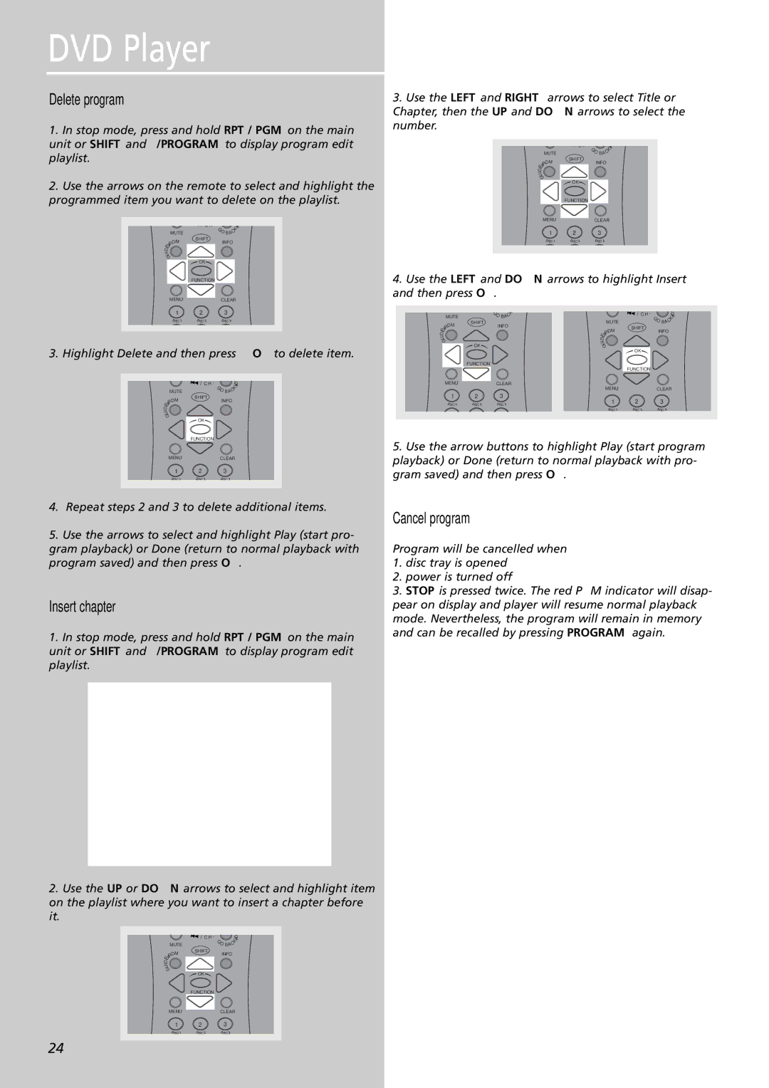 RCA RTDVD1 user manual Delete program, Insert chapter, Cancel program 