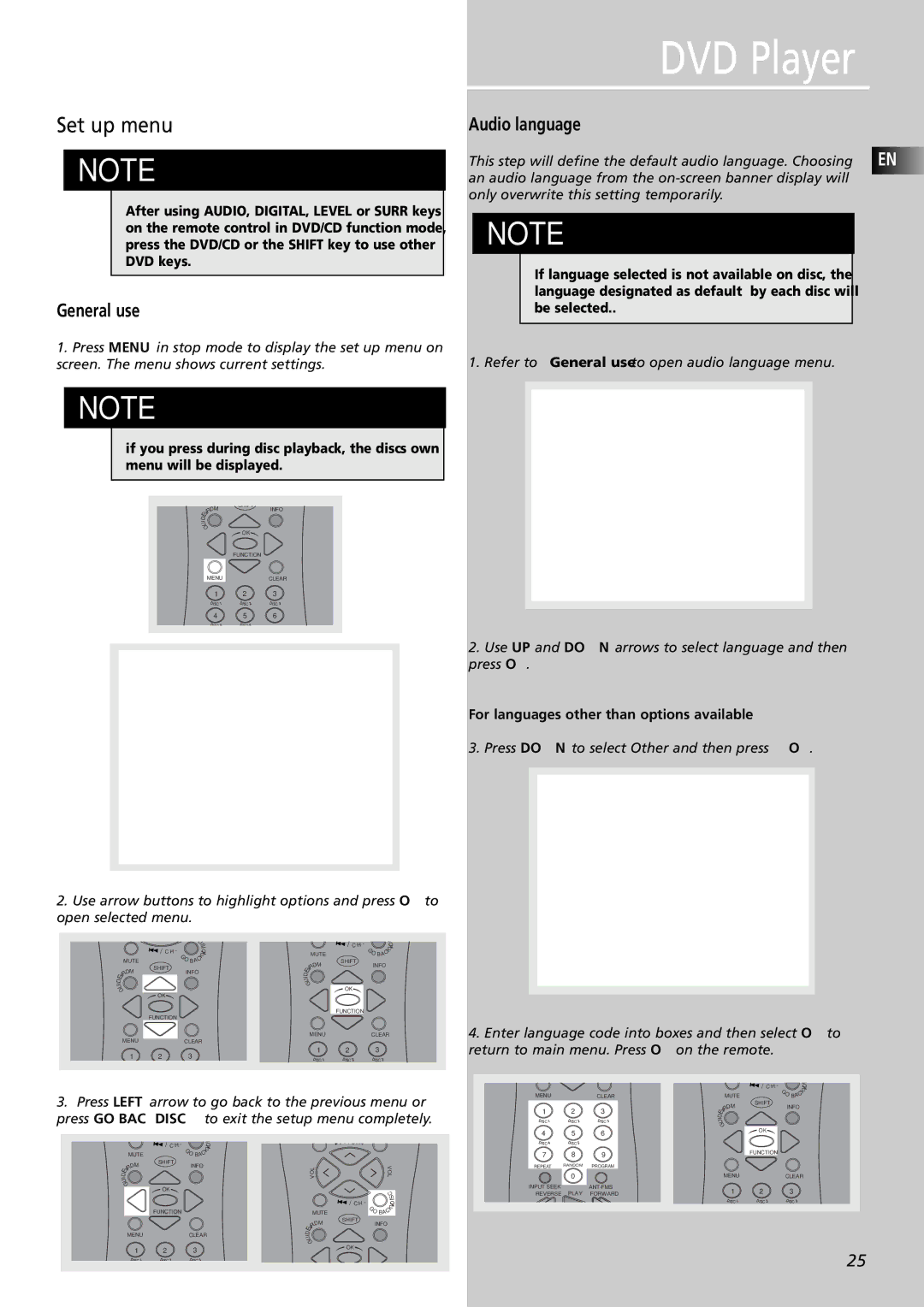 RCA RTDVD1 user manual Set up menu, Audio language, For languages other than options available 