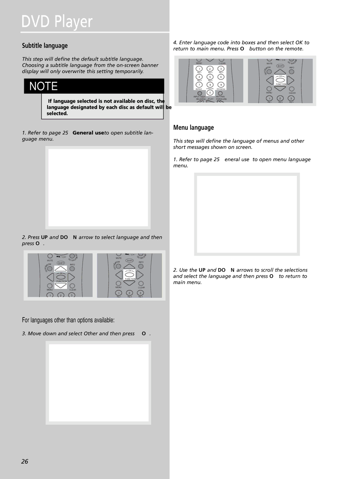 RCA RTDVD1 user manual Subtitle language, Menu language, For languages other than options available 