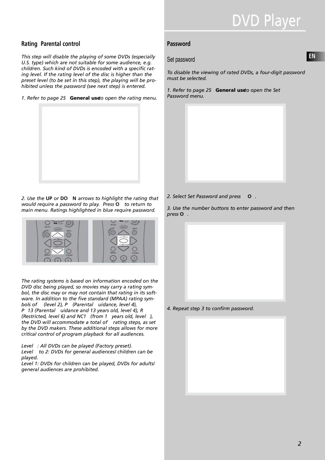 RCA RTDVD1 user manual Rating Parental control, Password, Set password 