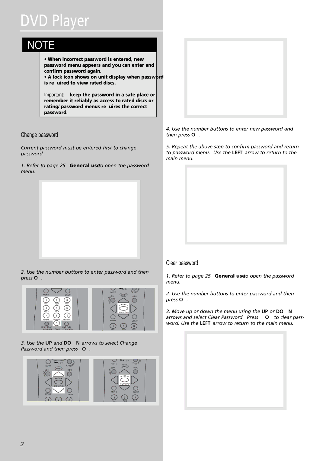 RCA RTDVD1 user manual Change password, Clear password 