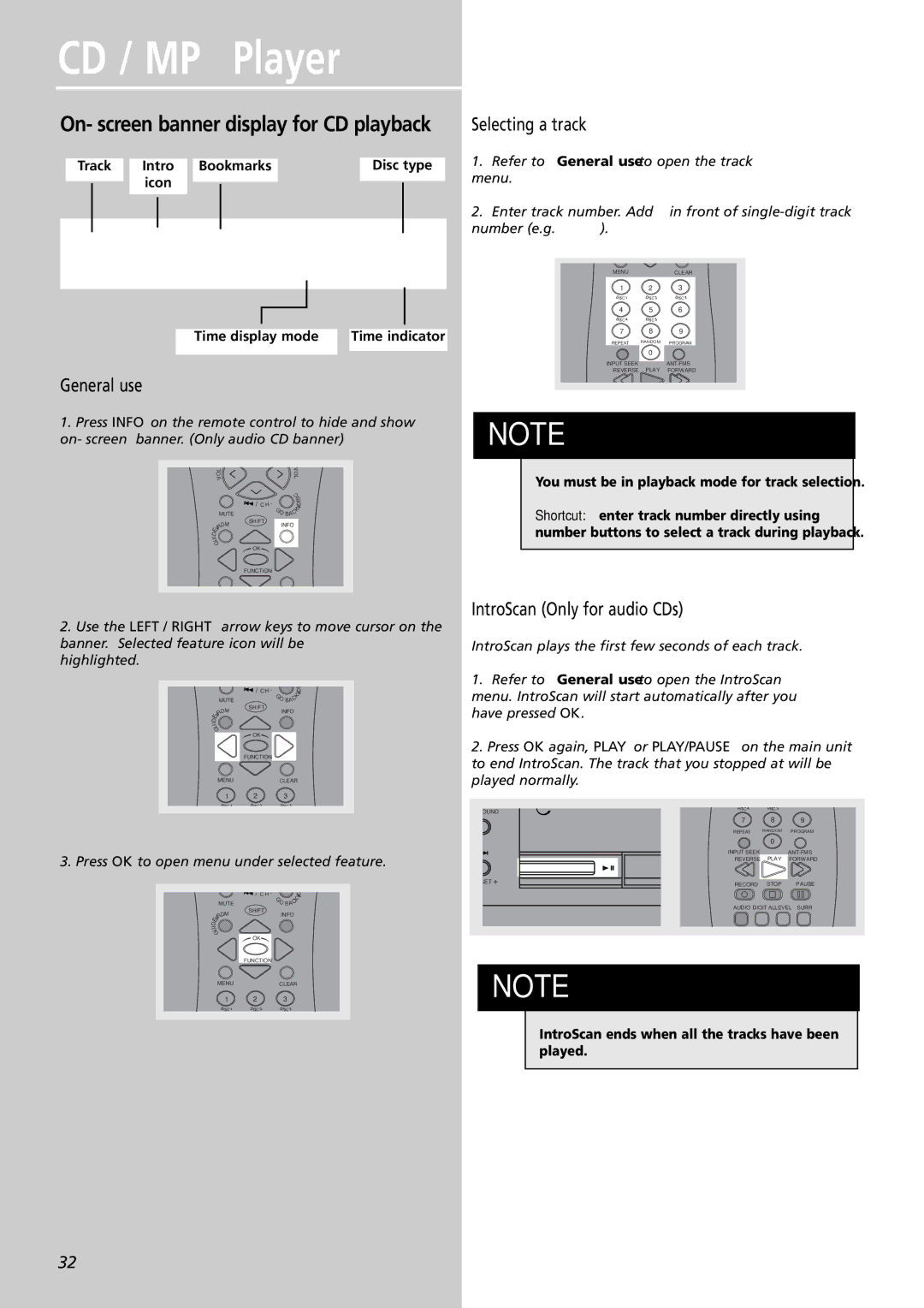 RCA RTDVD1 user manual Selecting a track, IntroScan Only for audio CDs, Track Intro Bookmarks Disc type 