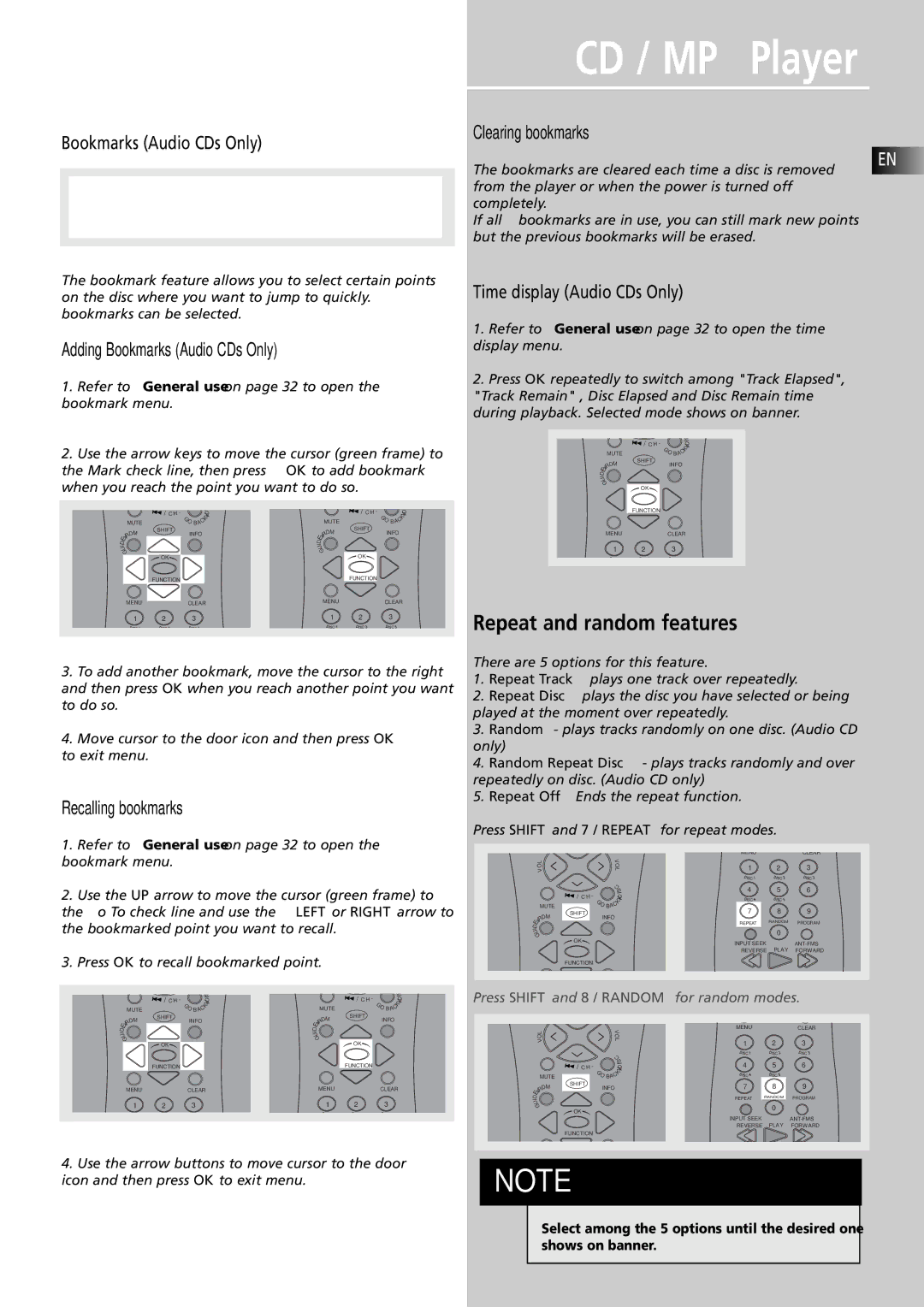 RCA RTDVD1 user manual Repeat and random features, Adding Bookmarks Audio CDs Only, Time display Audio CDs Only 