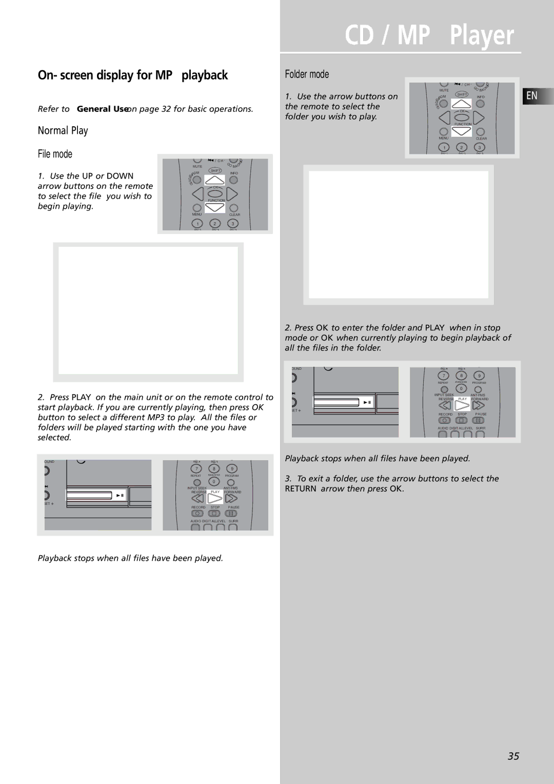 RCA RTDVD1 user manual On- screen display for MP3 playback, Folder mode, Normal Play, File mode 