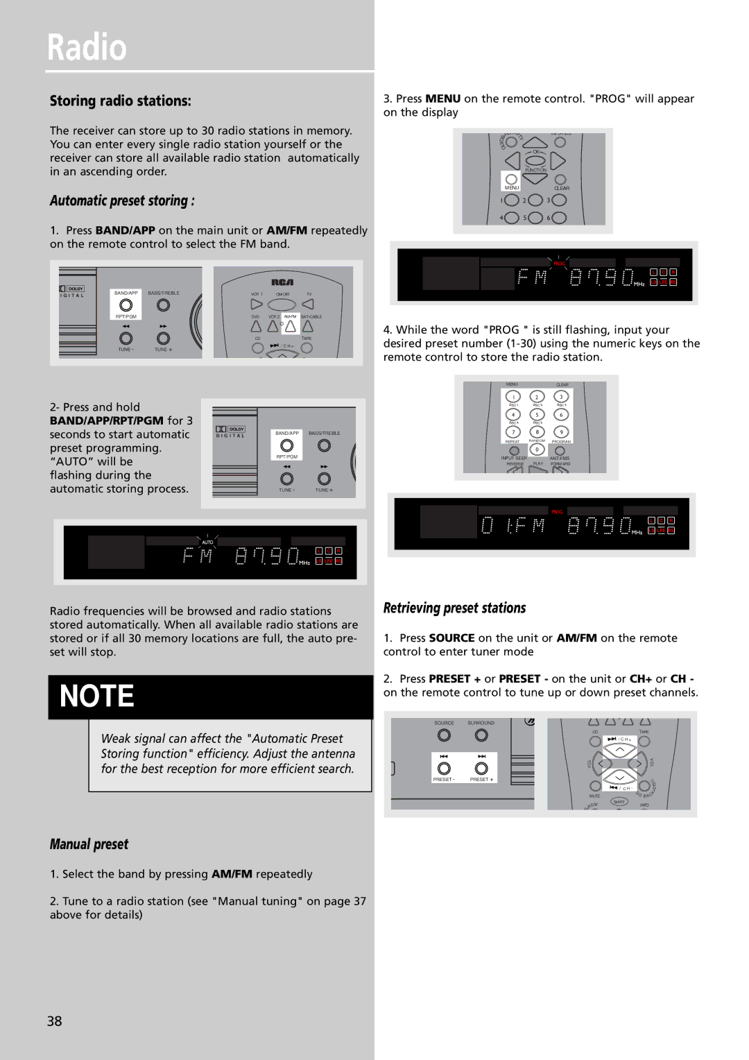 RCA RTDVD1 user manual Storing radio stations, Automatic preset storing, Manual preset, Retrieving preset stations 