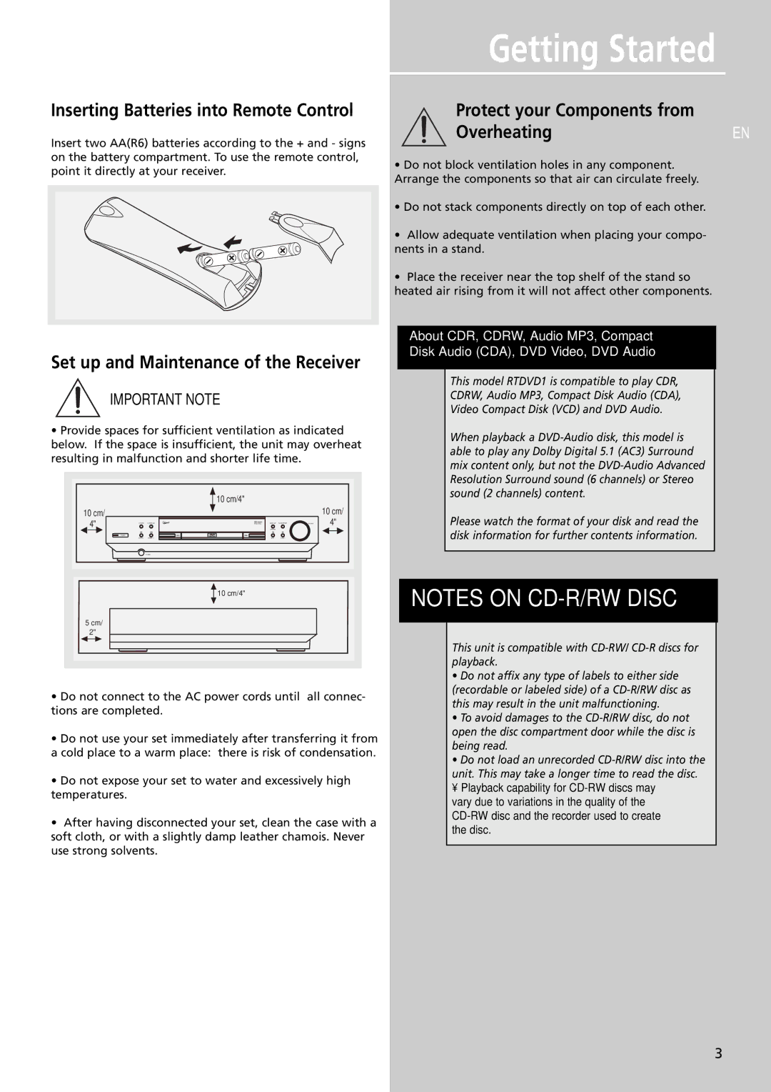 RCA RTDVD1 user manual Protect your Components from OverheatingEN, Set up and Maintenance of the Receiver 